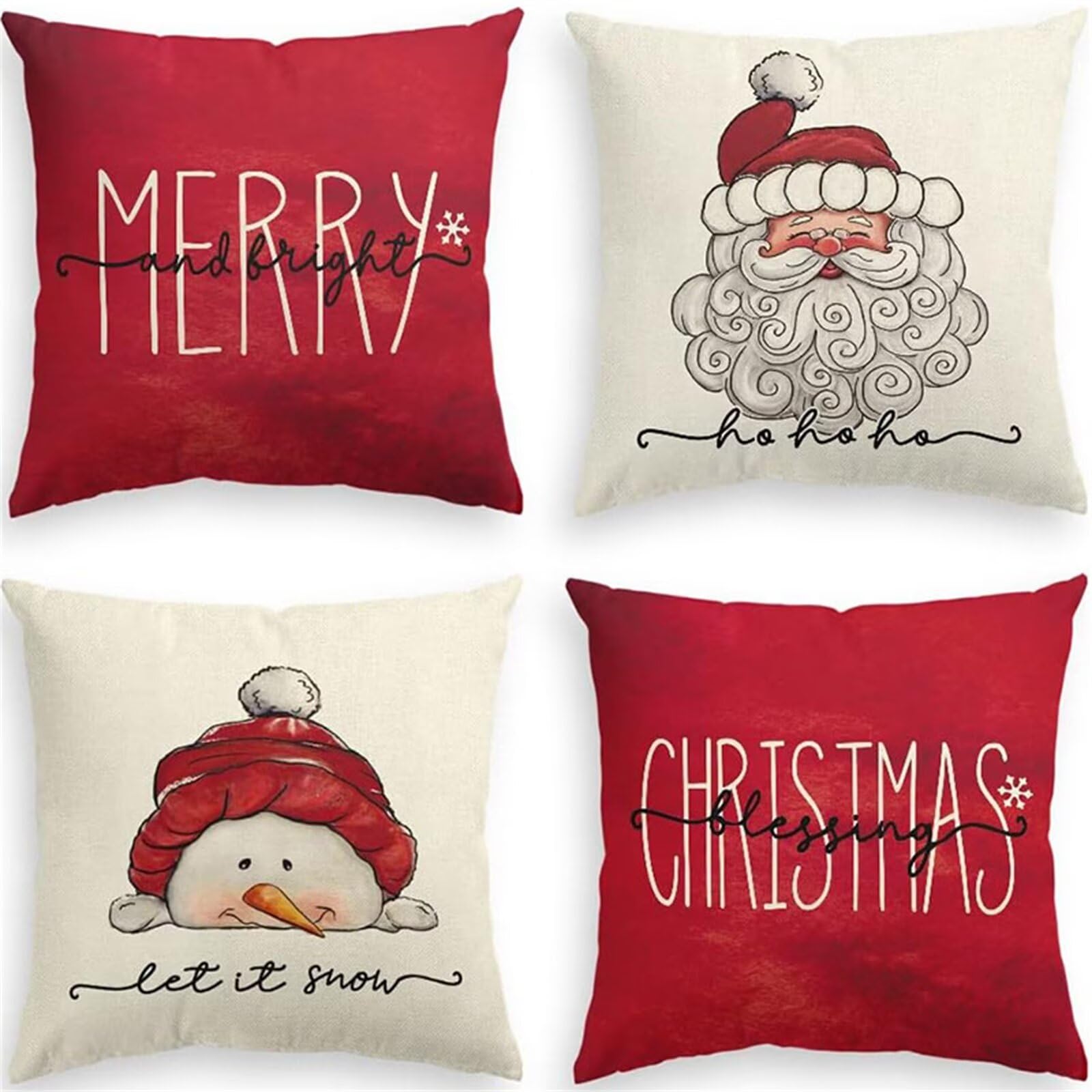 4 Pezzi Natalizi Cuscini per Divano, Natale Federe Cuscino Divano 55x55 CM Pupazzo di neve di Babbo Natale, Natale Lino Copricuscini, Decorazione Natalizia per la Casa Soggiorno Natalizie Decorativi