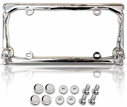 Premium 3D Chrome Skull License Plate Frame for Men & Women with Screw Caps, Street Legal Universal Fit for Cars & Trucks, Heavy Duty Rattle-Free & Rust-Free Zinc Skull License Plate Frame for Men