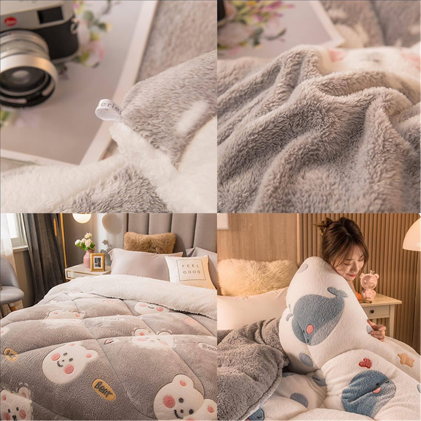 ZMIN Trapunta Invernale in Tessuto di Velluto di Agnello, Piumino in Cashmere Patchwork Biancheria da Letto Reversibile in Pile Trapunta Invernale Calda E Spessa, Piumino in Lana Anallergica