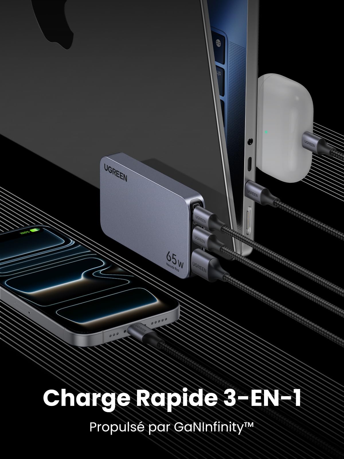 UGREEN Nexode Air 65W Chargeur USB C Voyage Rapide 3 Ports Ultra Fin Adaptateur International avec Prises EU UK US Compatible avec iPhone 17 Pro Max 16 15 14 13 12 MacBook Neo Air Galaxy S26 S25 S24