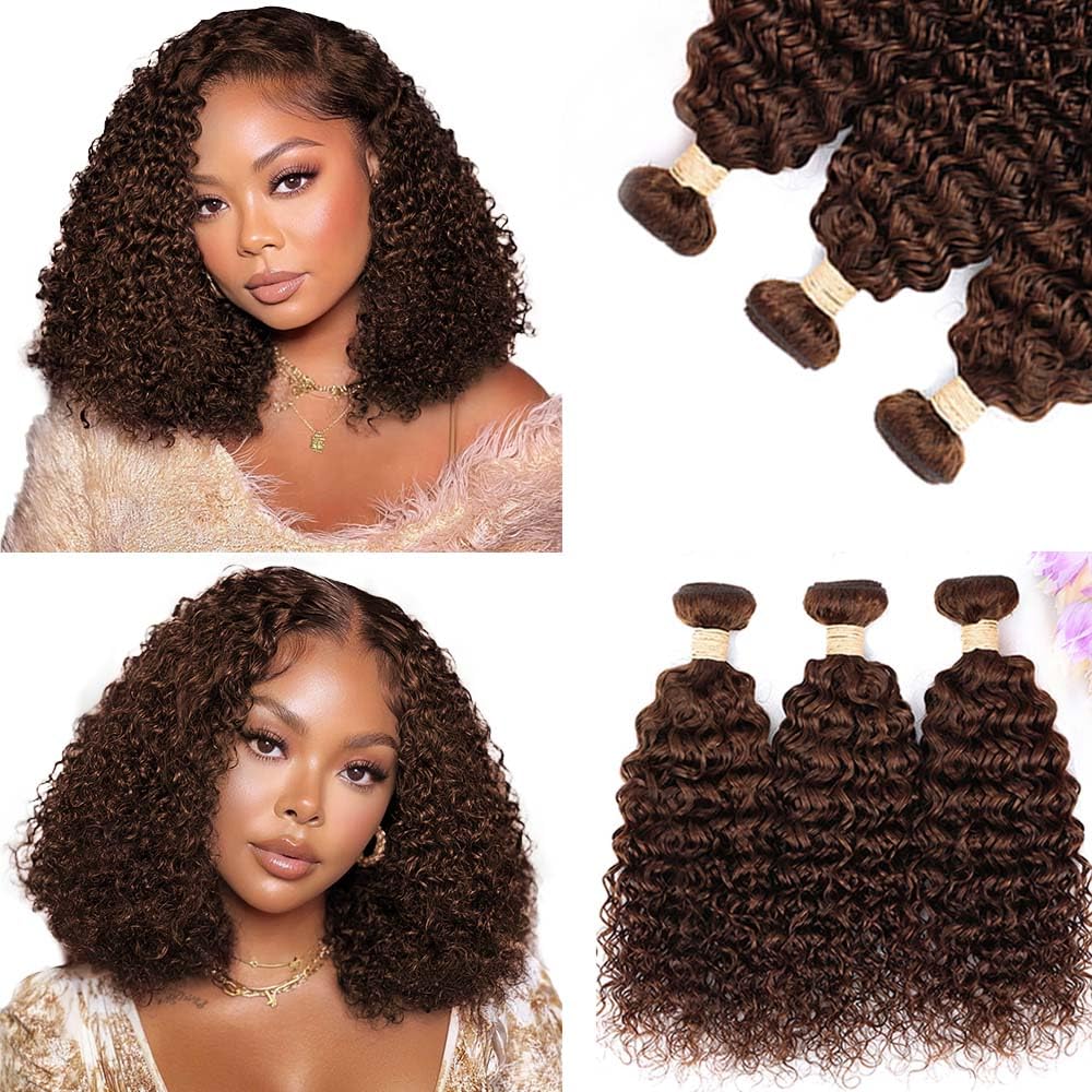 ALLRUN Brown Curly Bundles Human Hair - 3 Pcs Brazilian Virgin Unprocessed Curly Hair Extensions Chocolate Brown Curly Bundles, 14 16 18 Inch, Color