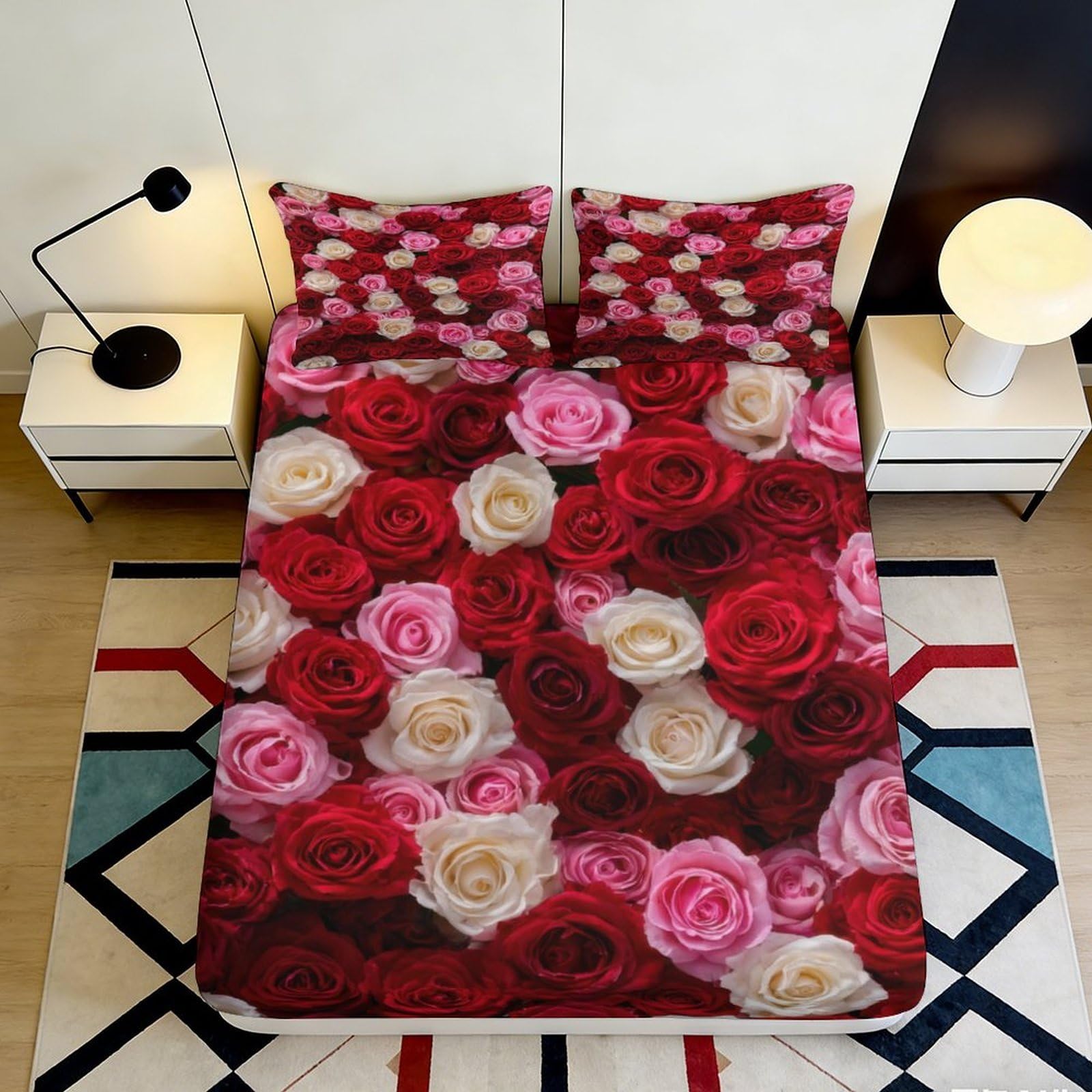 3D Printed Red Rose Blossom Fitted Sheet Microfiber Soft Floral Bed Sheet Bedroom Guest Room Decor Mattress Protection 90x200x25cm