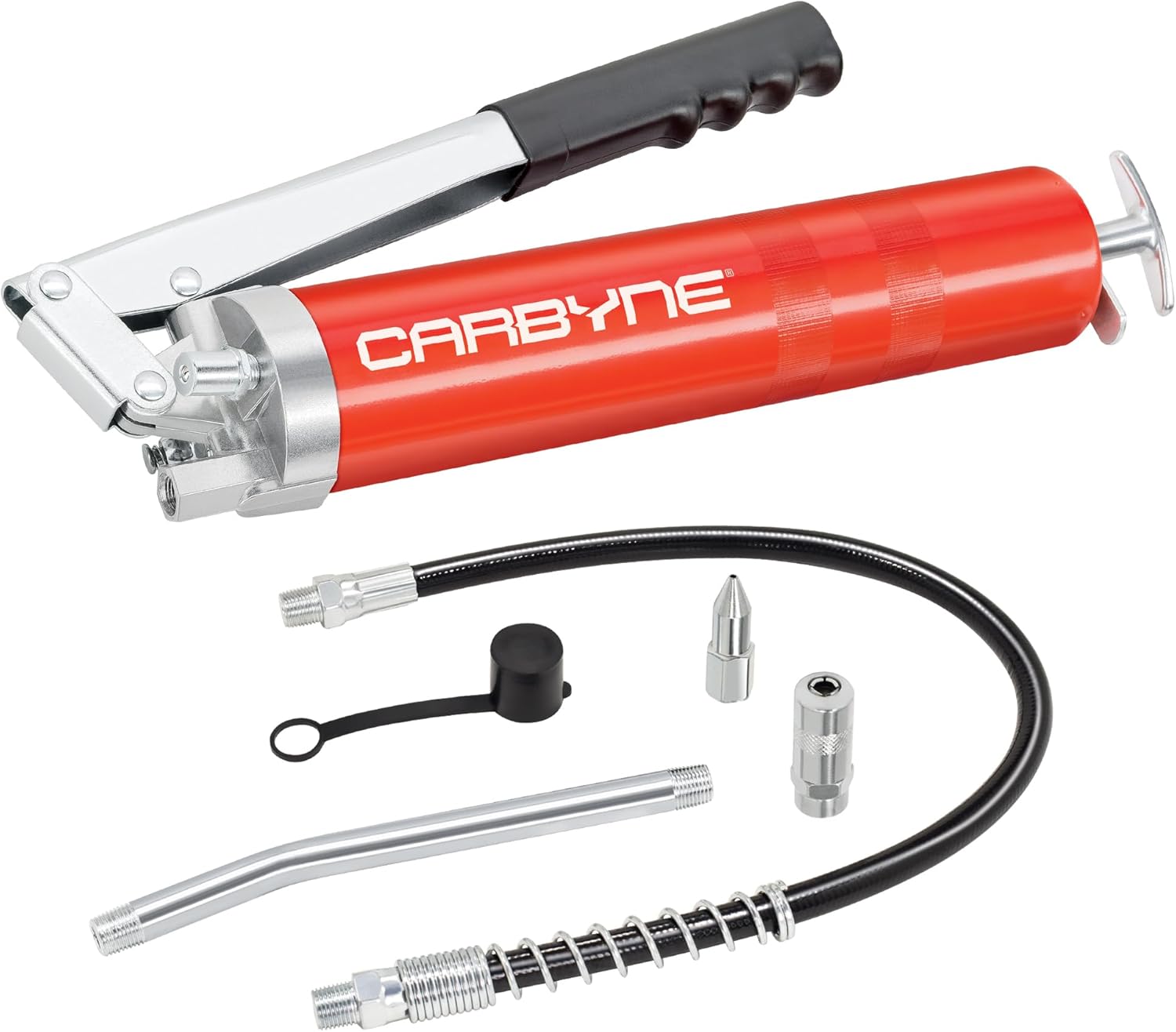 Carbyne Grease Gun, 8000 PSI, Lever Handle, Heavy Duty Steel Barrel, 3-Way Loading, 18 in. Hose, Angled Tube, Needle Nozzle, Coupler