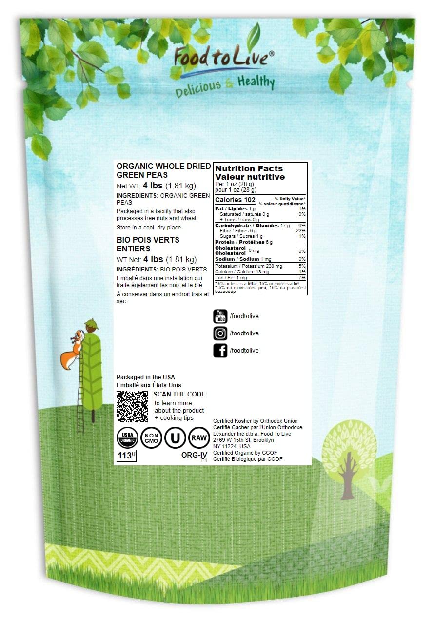 Food to Live Organic Whole Dried Green Peas, 4 Pounds – Non-GMO, Green Vatana, Sproutable, Vegan, Kosher, Bulk. Pre-Soak Needed. Rich in Protein, Fiber. Great for Green Curry, Stews, Salads, Pea Soup