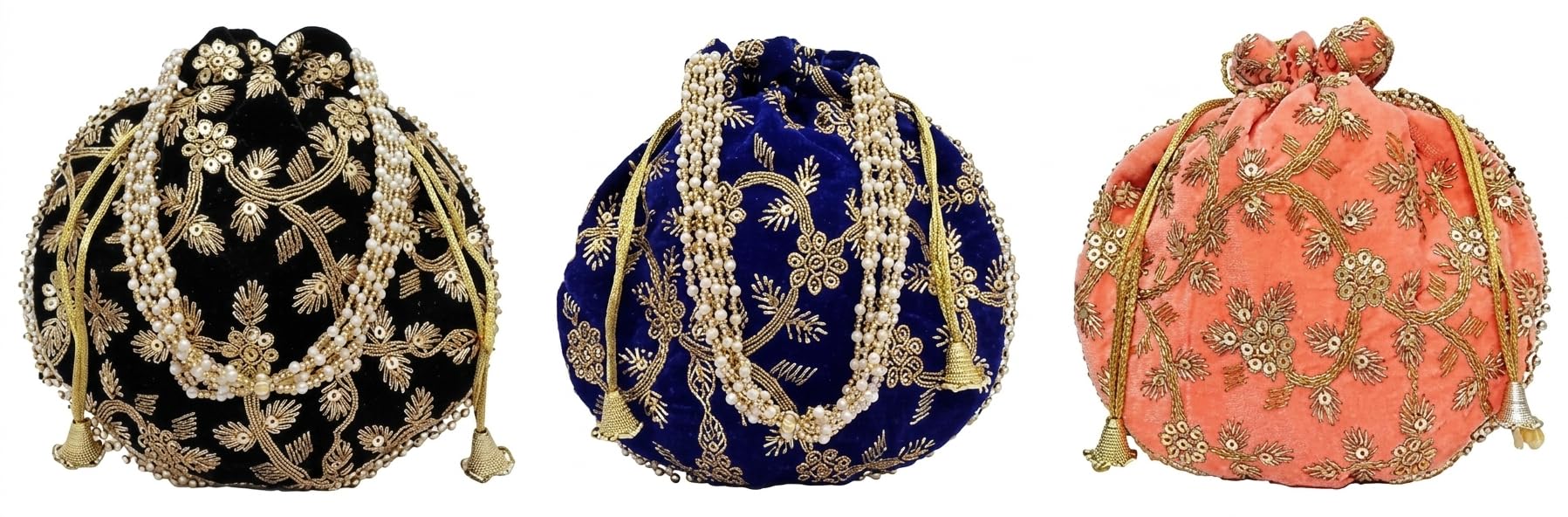JDDCART Velvet Feel Wedding Potli Combo of 3 for Ladies Drawstring Closure Embroidered Fabric Handbag (Peach, Light Black, Navy Blue)-image-4