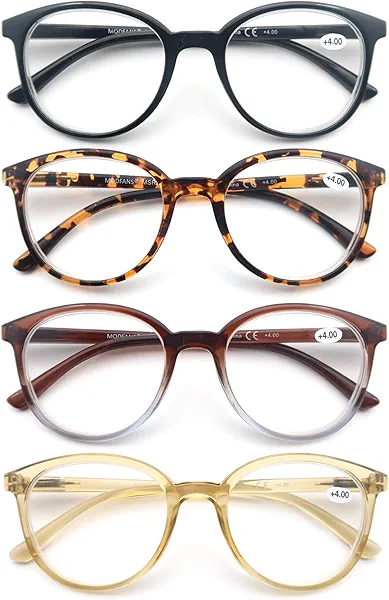 MODFANS Women Reading Glasses 4Pack Large Round Frame Readers Spring Hinges with 4 Pouch