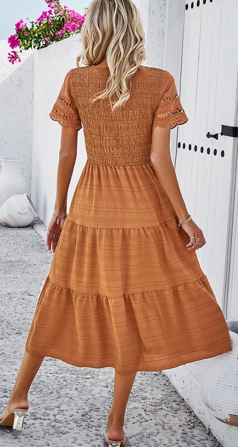 chouyatou Women's 2024 Spring Summer Solid Color Elegant Dresses Crewneck Cut Out Maxi Dress