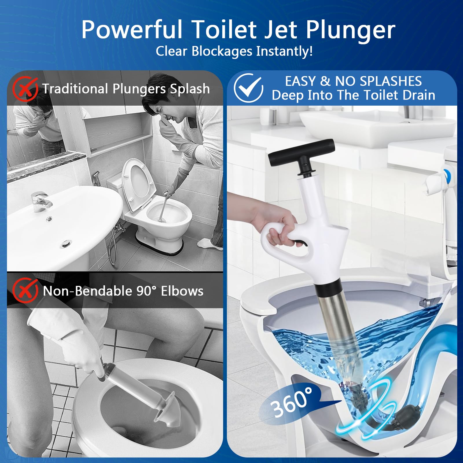 Vienki Toilet Plunger, High Pressure Toilet Plunger – Air Drain Unclogger Blaster with Visual Barometer, Heavy Duty Plungers for Bathroom Toilet, Floor, Kitchen Sink & Plumbing Clogs, Stainless Steel - 3