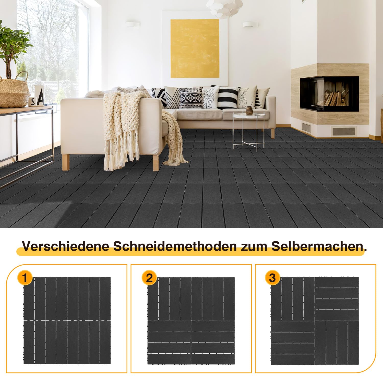 Baldosas Terraza 1 m² 30x30 cm PP Antracita | Losetas de exterior con efecto madera para jardín, balcón, patio y zona de piscina; montaje rápido con sistema de clic.