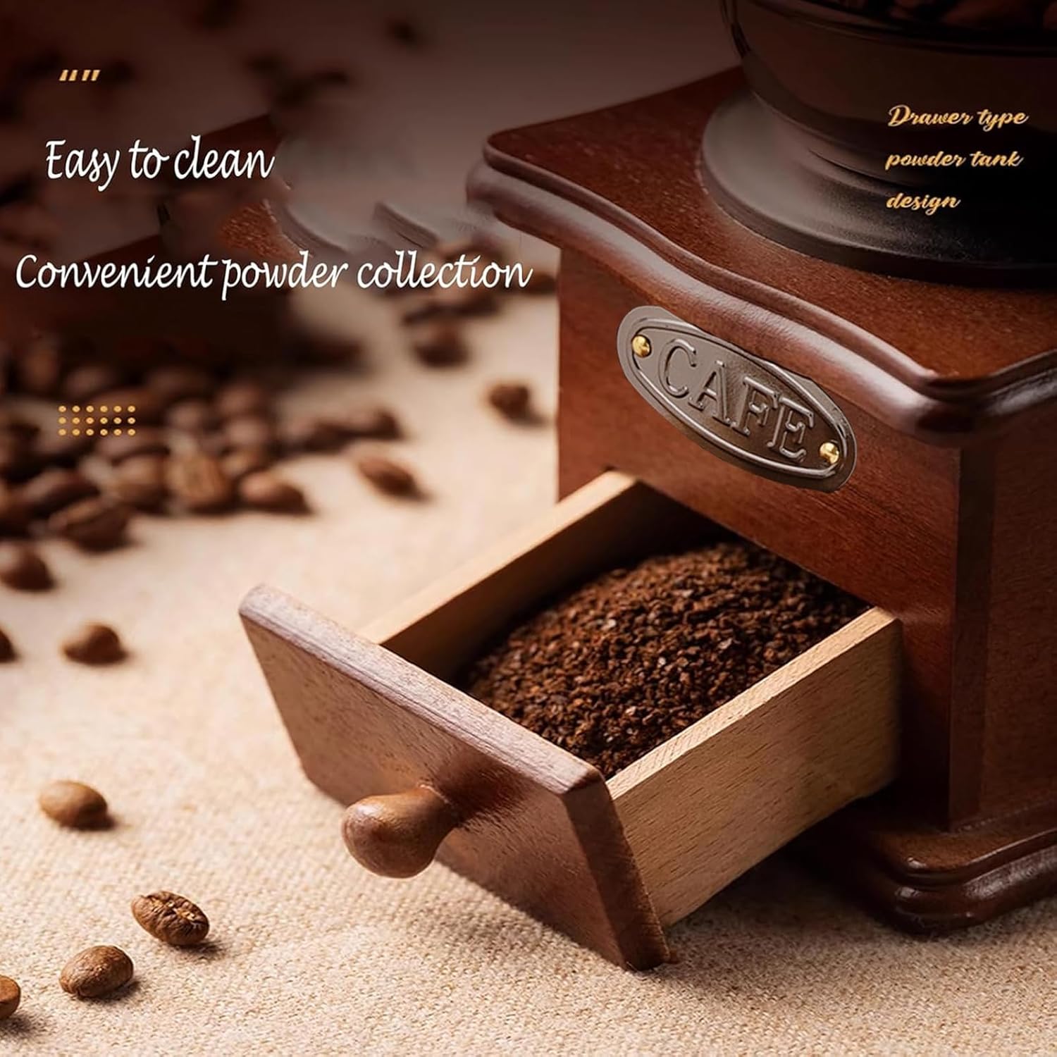 Vintage Manual Coffee Grinder Maker - High Hardness Ceramic Core Coffee Bean Grinder With Solid Wood Base And Drawer Powder Box Classic Coffee Grinders For Home Use