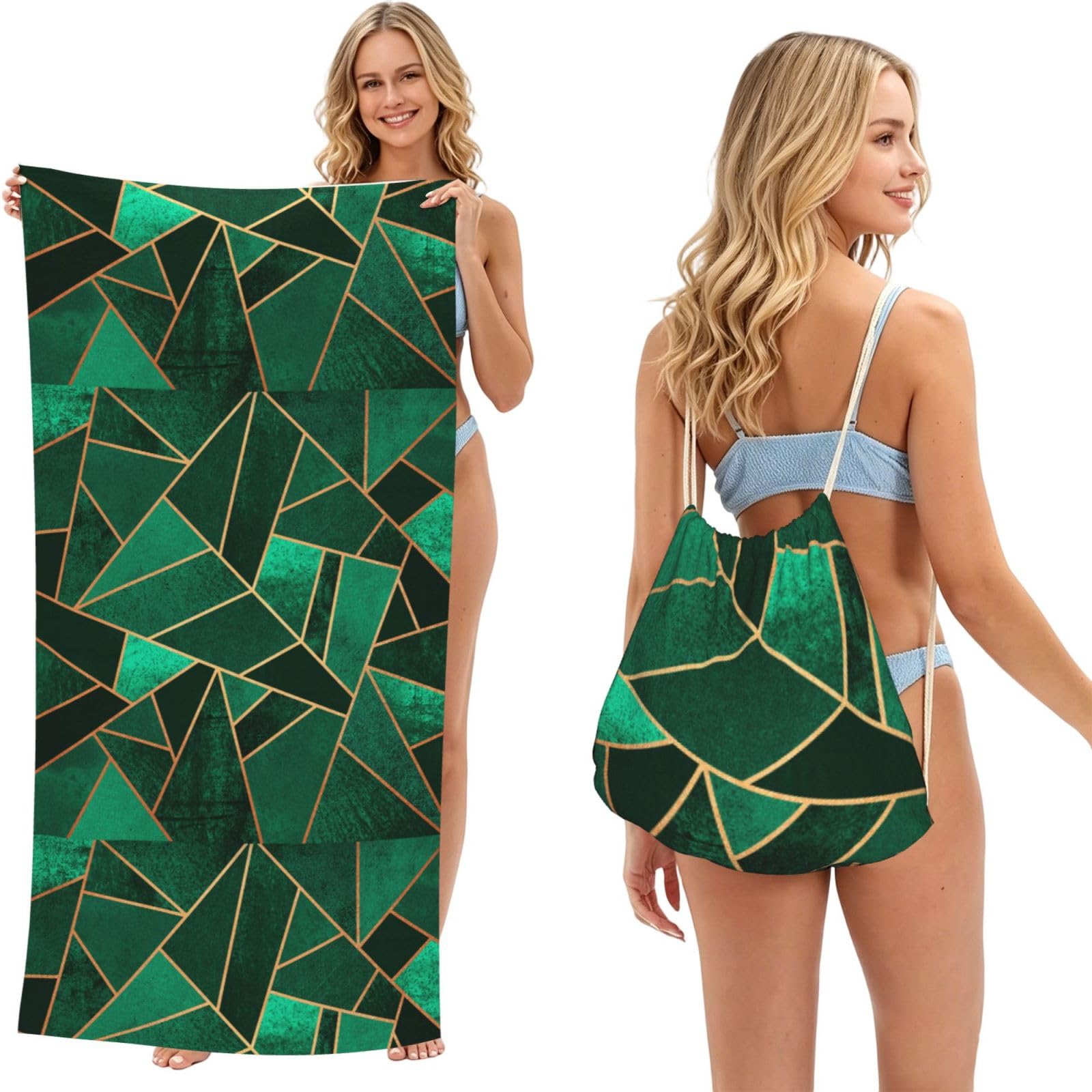 Poadnly As Picture Emerald And Copper Lines, 2 In 1 Packable Towel Bag, Beach Towels With Drawstring Backpack For Travel Holiday Camping
