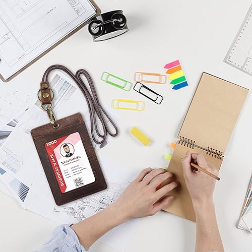 Miniatura 7 de Boshiho Portatarjetas de identificación de cuero de vaca de estilo vertical con cordón resistente (cuero genuino marrón oscuro)
