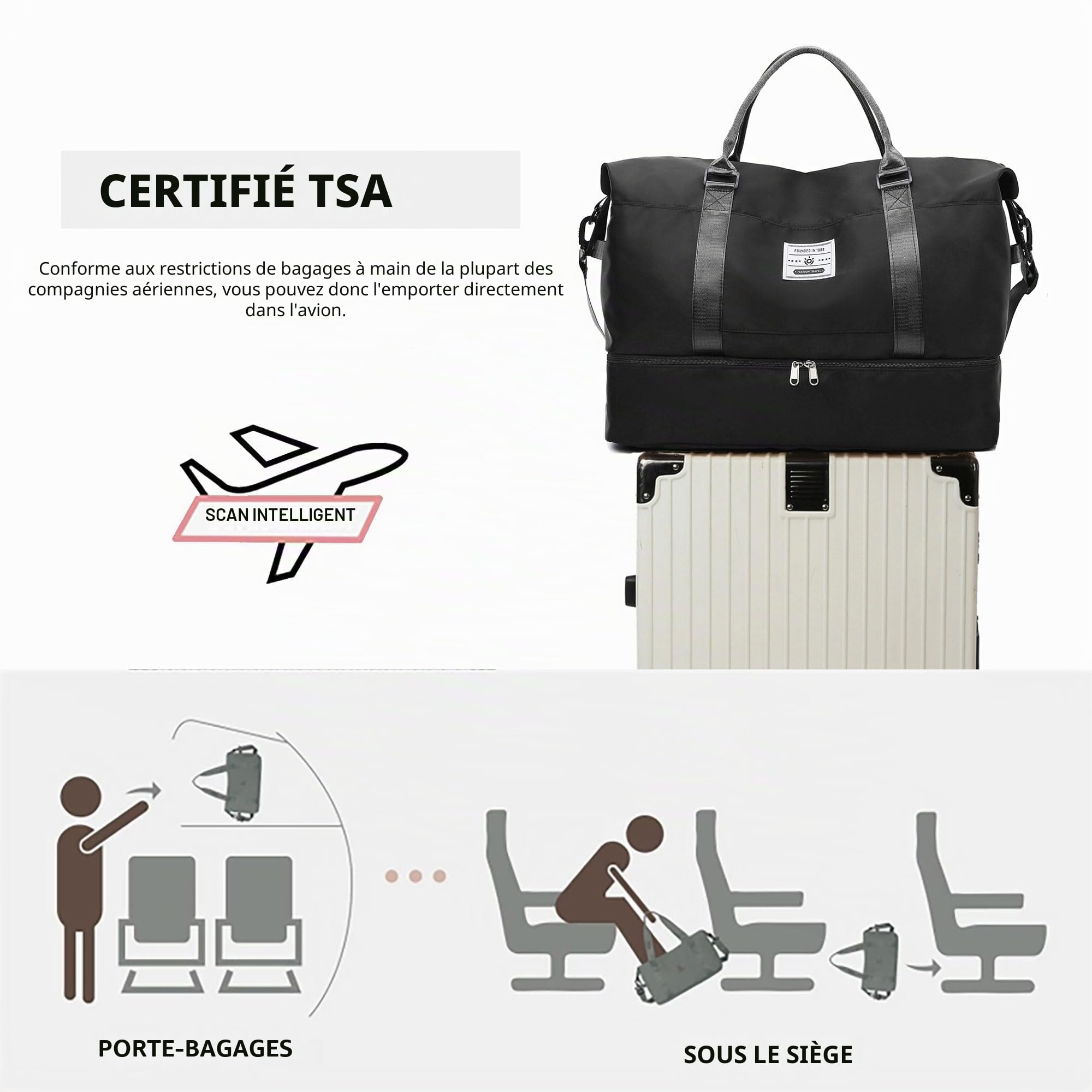 Sac de Voyage Sac de Bagage à Main Sacs de Sport Grand Format Sac de Sport Imperméable Sac à Dos Weekend avec Compartiment à Chaussures et Sacoche pour Femme Homme (Noir)