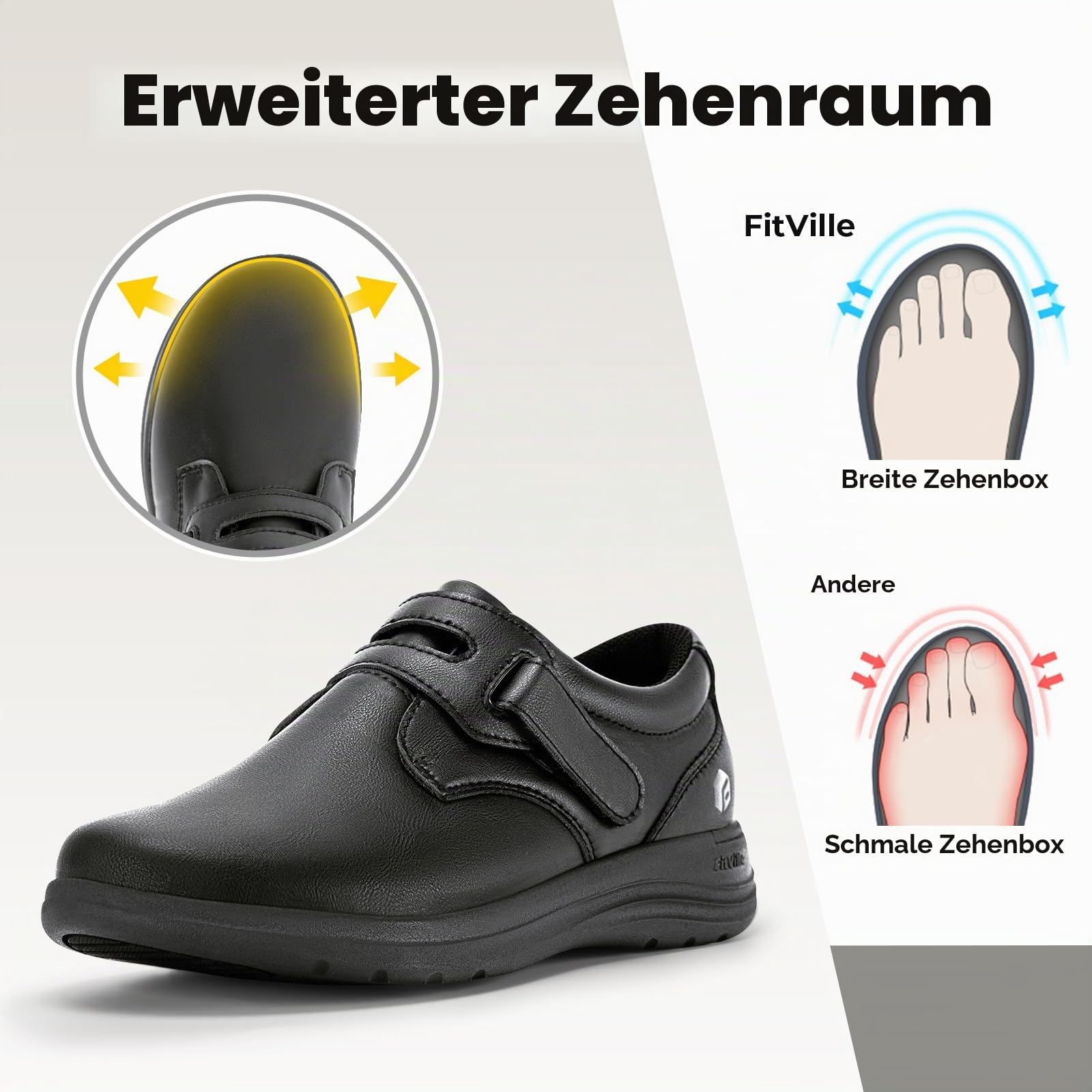 FitVille Diabetiker Schuhe Damen Extra Weit Leder Mokassins Slippers Orthopädische Schuhe mit Klettverschluss Verstellbare Loafers Bequemer Elegant Walkingschuhe für Geschwollene Füße