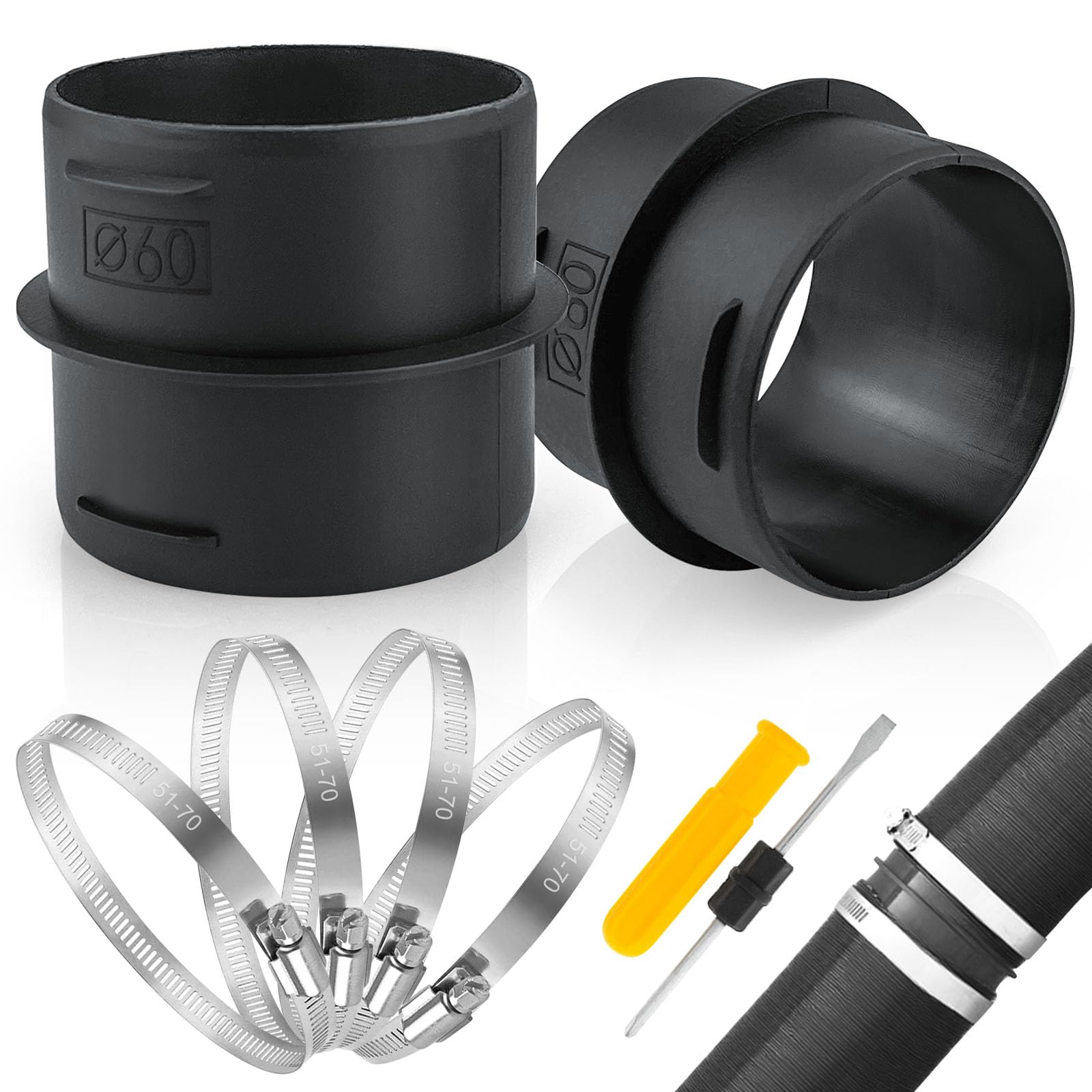 Ducting Joiner łączniki rurowe, 2 sztuki, 60 mm, łączniki rurowe z 4 obejmami ze stali nierdzewnej, do połączeń rurowych, z tworzywa sztucznego, akcesoria do ogrzewania postojowego