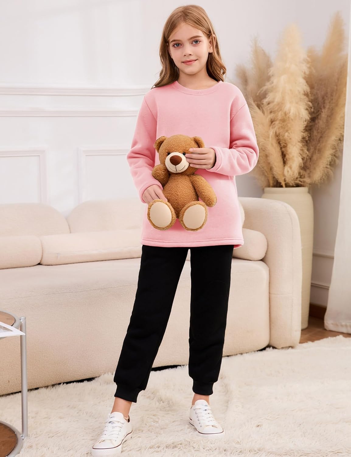 Flygo Girl's Sherpa Lined Fleece Sweatshirt Crewneck Kids Pullover Thick Thermal Sweater Winter Warm Tunic Tops