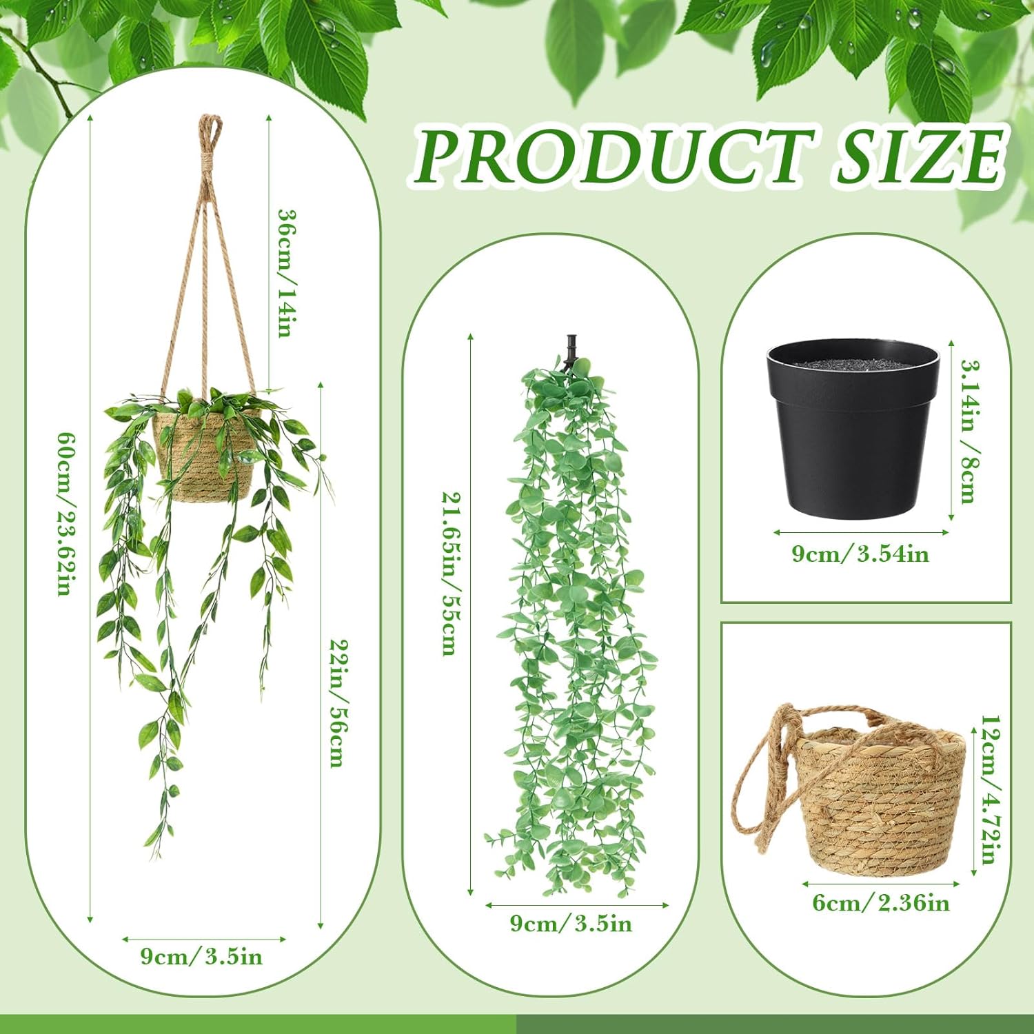 6 Set Mini Fake Hanging Plants with Woven Basket Boho Artificial Ivy Faux Vines Eucalyptus Leaf for Indoor Home Wall Living Room Bathroom Shelf Decor (Mandragora Leaf)