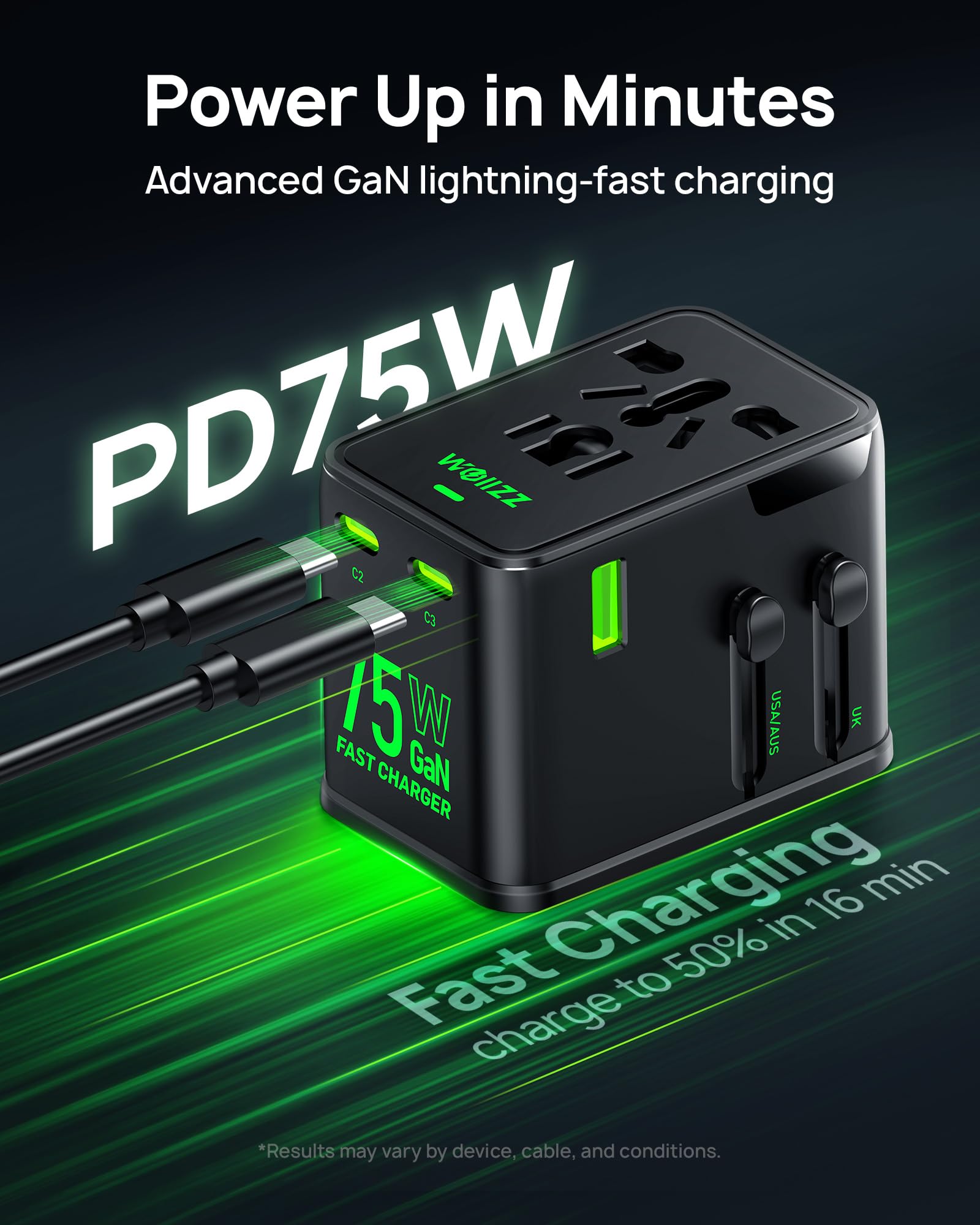 Adattatore da viaggio 75W, adattatore universale europeo GaN a ricarica rapida con 5 porte (1 AC, 1 USB-A e 3 USB-C), spina adattatore con chip intelligente per oltre 200 paesi, caricabatterie PD & QC