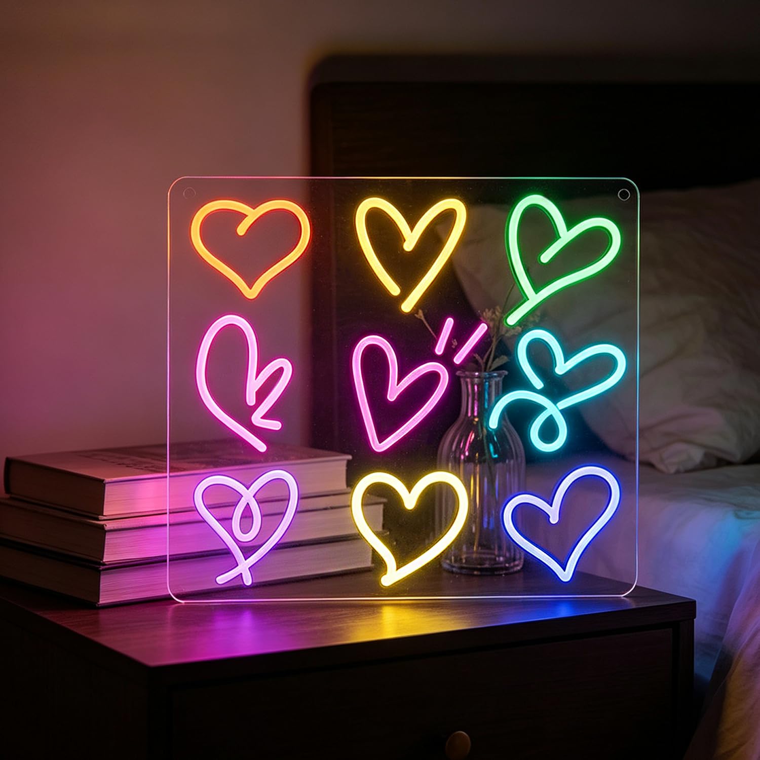 Colourful‌ Hearts Neon Sign for Wall Decor, 9-colour LED Love Light Sign for Room Dimmable USB Powered Light Up Sign for Girl's Room Birthday Party Wedding Marriage Engagement Decoration Women Gifts