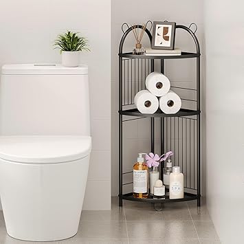Corner Bathroom Shelf Metal Short Corner Stand Shelf Black Small Bathroom Storage Corner Shelf Unit for Toilet Shower Room 3 Tier