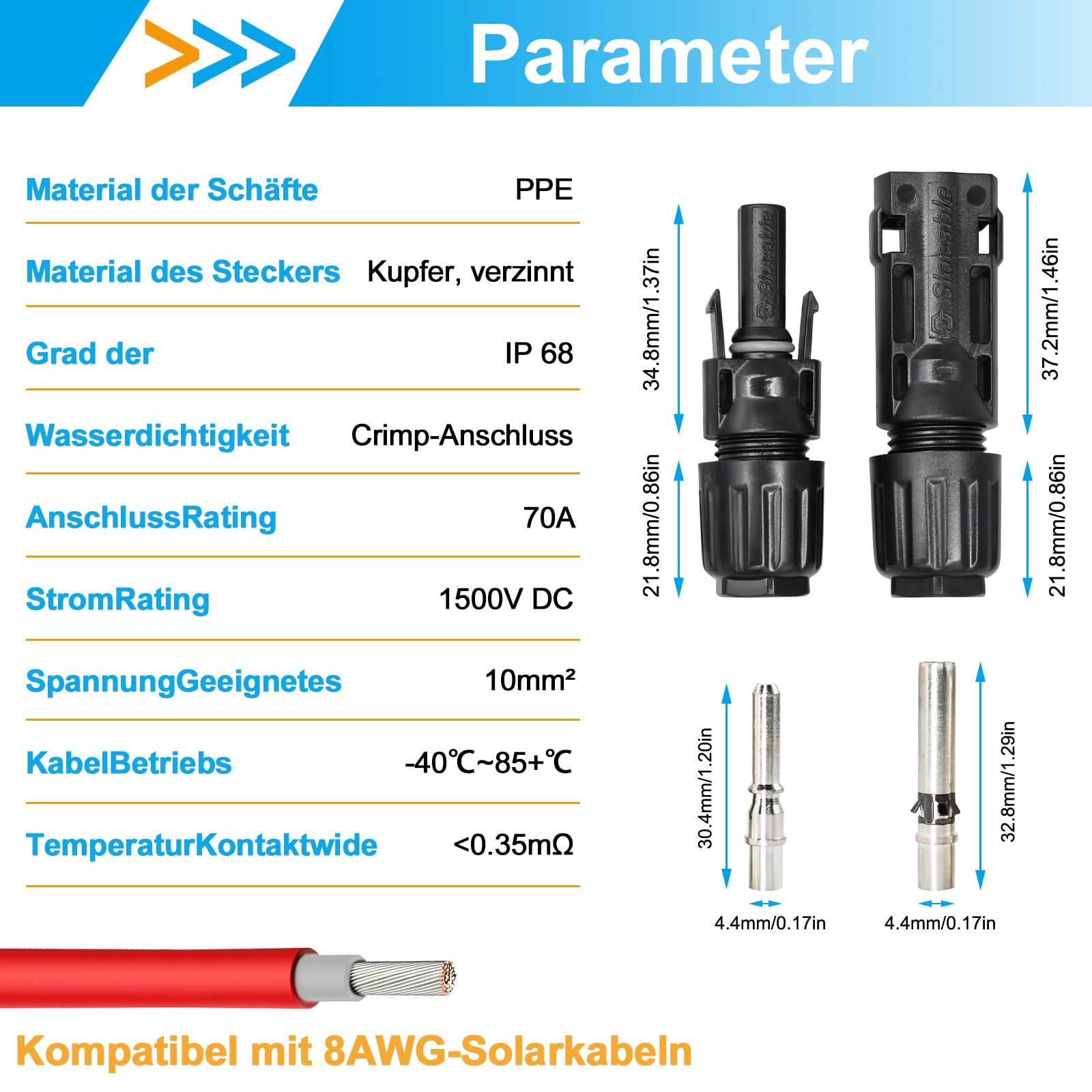 Spina solare da 10 mm², IP68, impermeabile, 1500 V, connettore solare maschio/femmina per cavo solare da 8 AWG, 5 coppie (8 AWG)