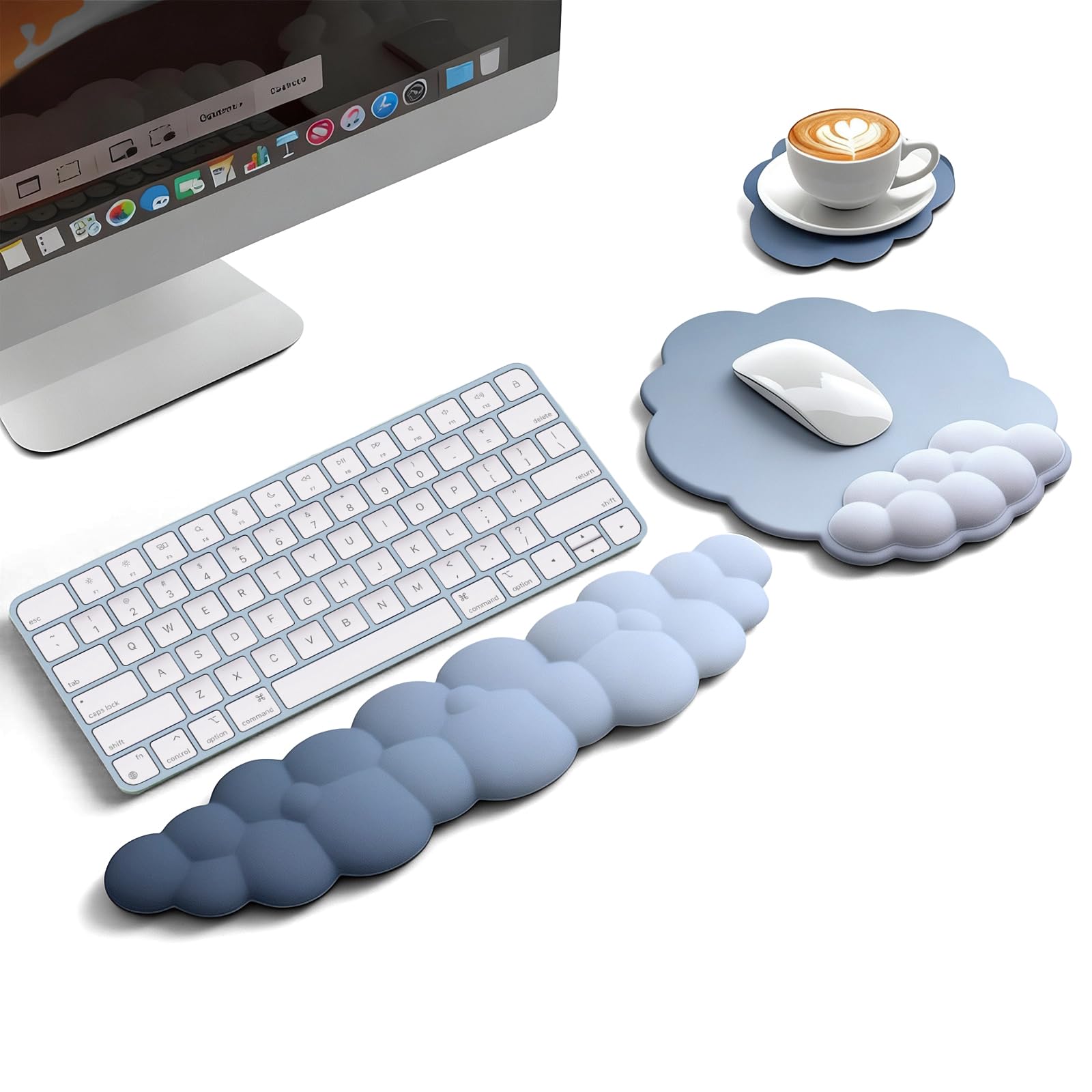 Cloud Wrist Rest Set, Keyboard Wrist Pad and Mouse Pad with Coaster, PU Leather & Memory Foam Ergonomic Support for Office Gaming Computer Laptop, Comfort Cushion for Wrist & Palm (Blue)