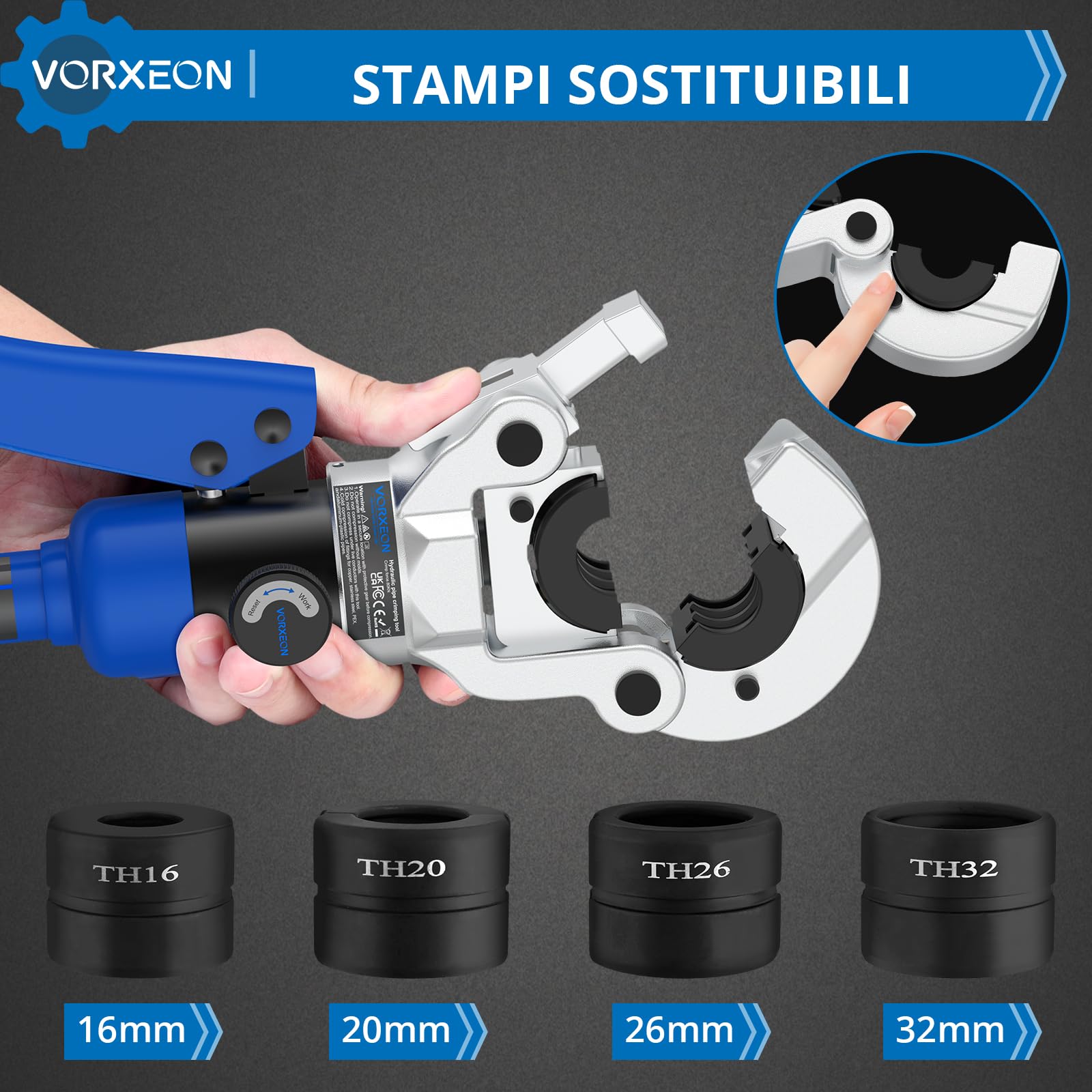 Set 8-Ton Pinza a Crimpare Idraulico con 4 Matrici TH (16/20/26/32mm), Pistola a Pressa Professionale per Tubi Multistrato in Plastica Alluminio PEX PB, Testa Girevole 360°