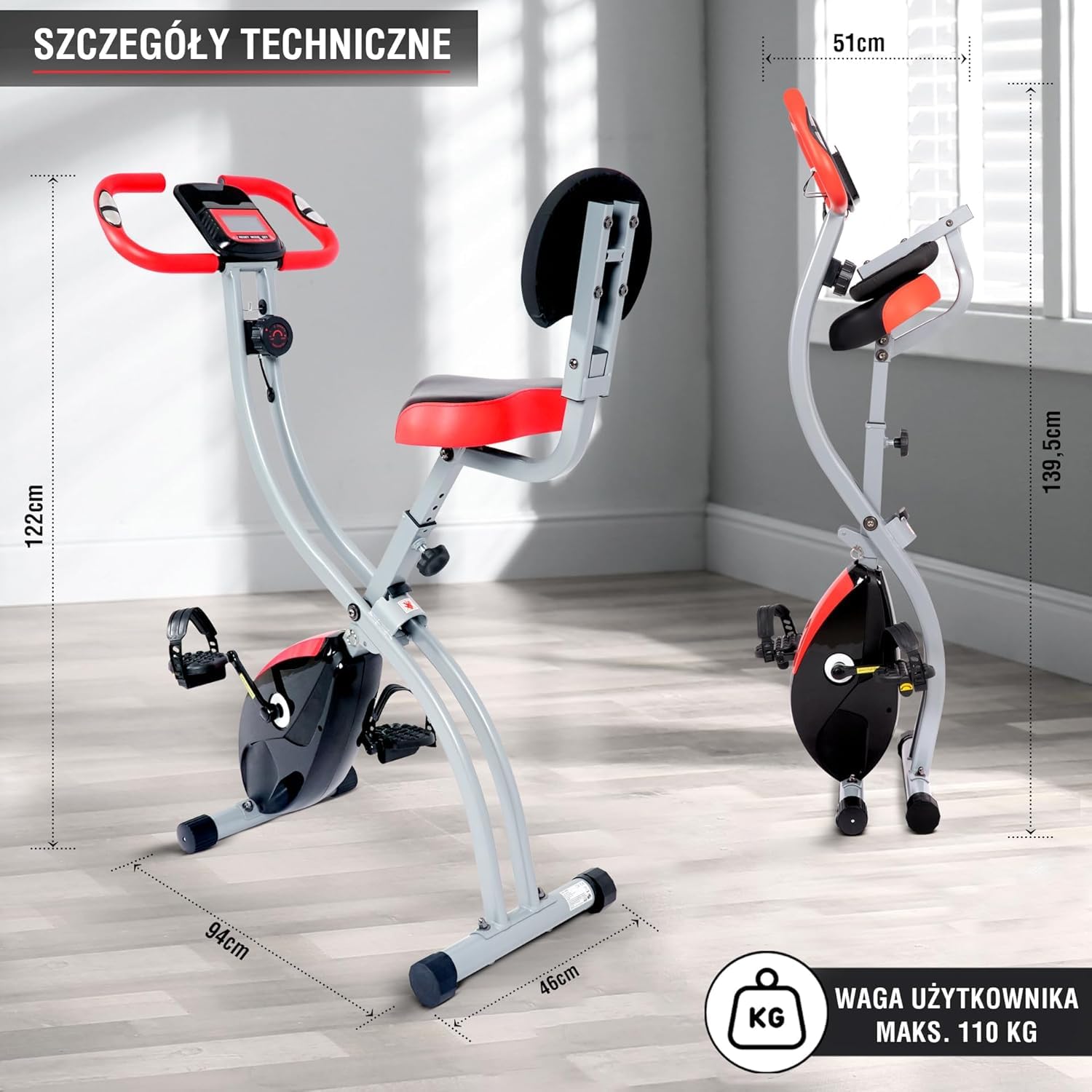Ultrasport F-Bike Curved rower treningowy składany, rower domowy, składany, z wygodnym siodełkiem, ergometr, rower domowy, rower fitness, czarno-czerwony