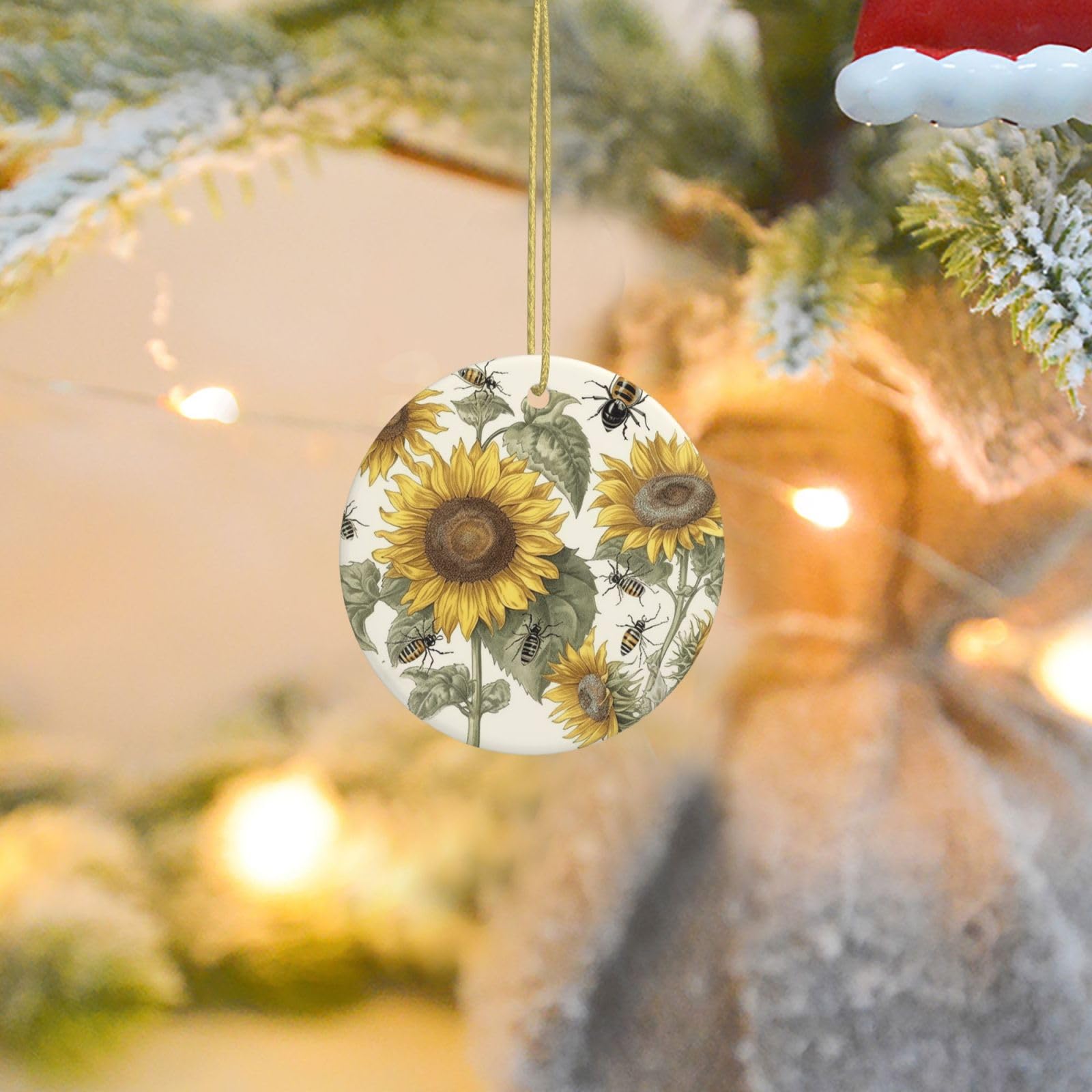 Christmas Tree Ornaments Ceramics Christmas Round Decorations Sunflowers and Insects Ceramics Ornaments Circle Pentagram Xmas Tree Hanging Pendant for Christmas Tree Party Holiday Home Decor
