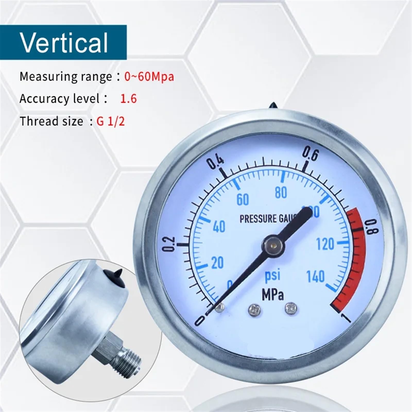 Manómetro hidráulico de Acero Inoxidable de 100 mm para Aceite de glicerina, 0-60 MPa, antivibración, para Aire y Agua, G1/4 G1/2 (Color: Media rosca-01, tamaño: 0-0,6 MPa)