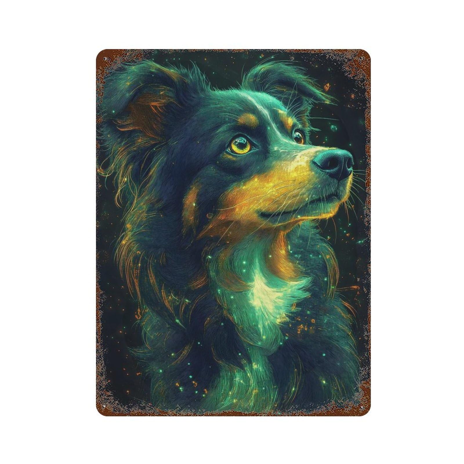 Rust Effect Radiant Border Collie Portrait Weathered Tin Sign 15.7"x11.8", Retro Wall Decor for Garage, Bar And Workshop Decor