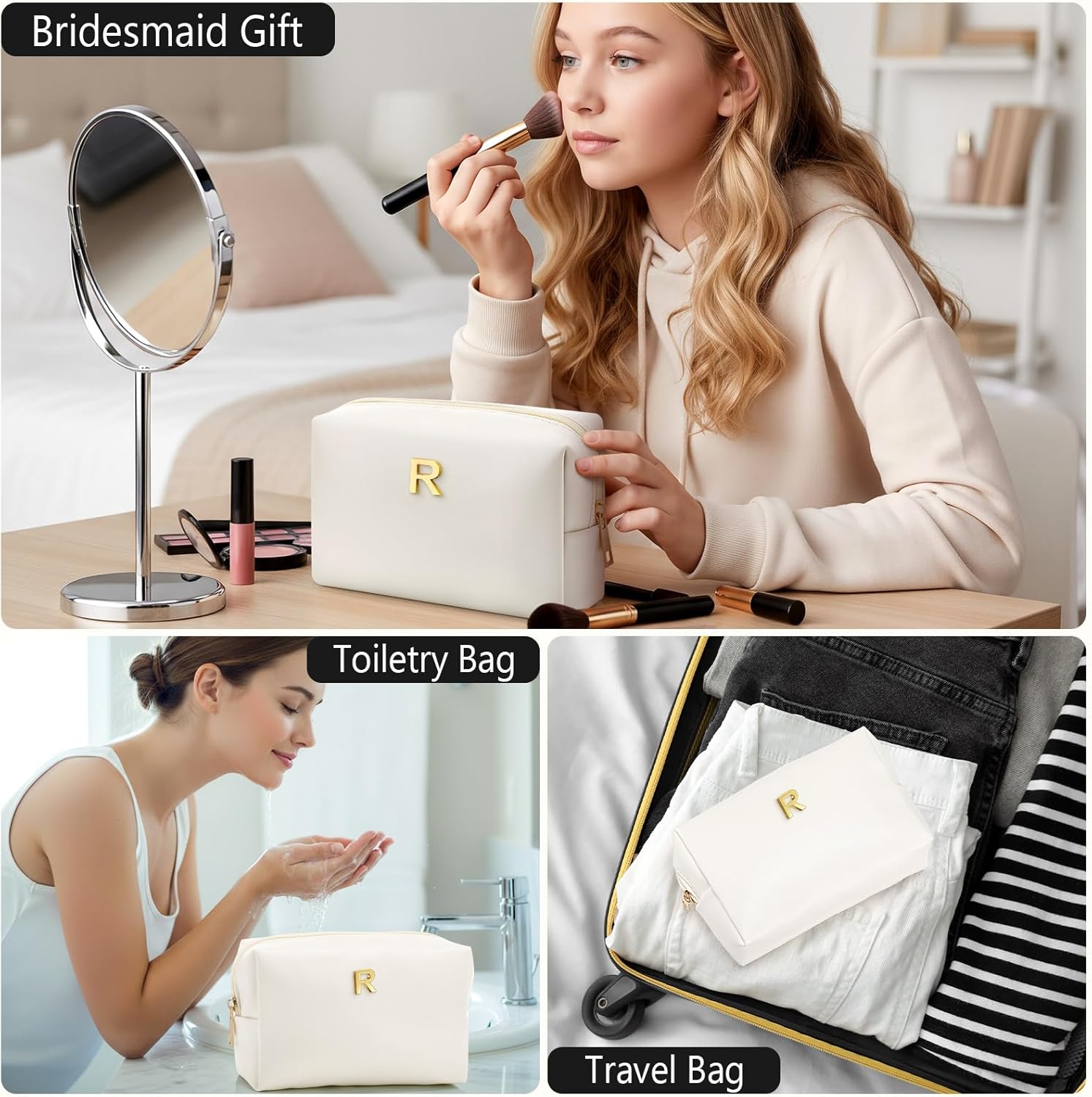 Kigeli Initial Makeup Bag Gifts for Christmas Women Girls Bridesmaid Stocking Stuffers Personalized PU Leather Preppy Monogram Cosmetic Bag Travel Toiletry Pouch Birthday Wedding Bridal Shower Gift(R) - Image 6