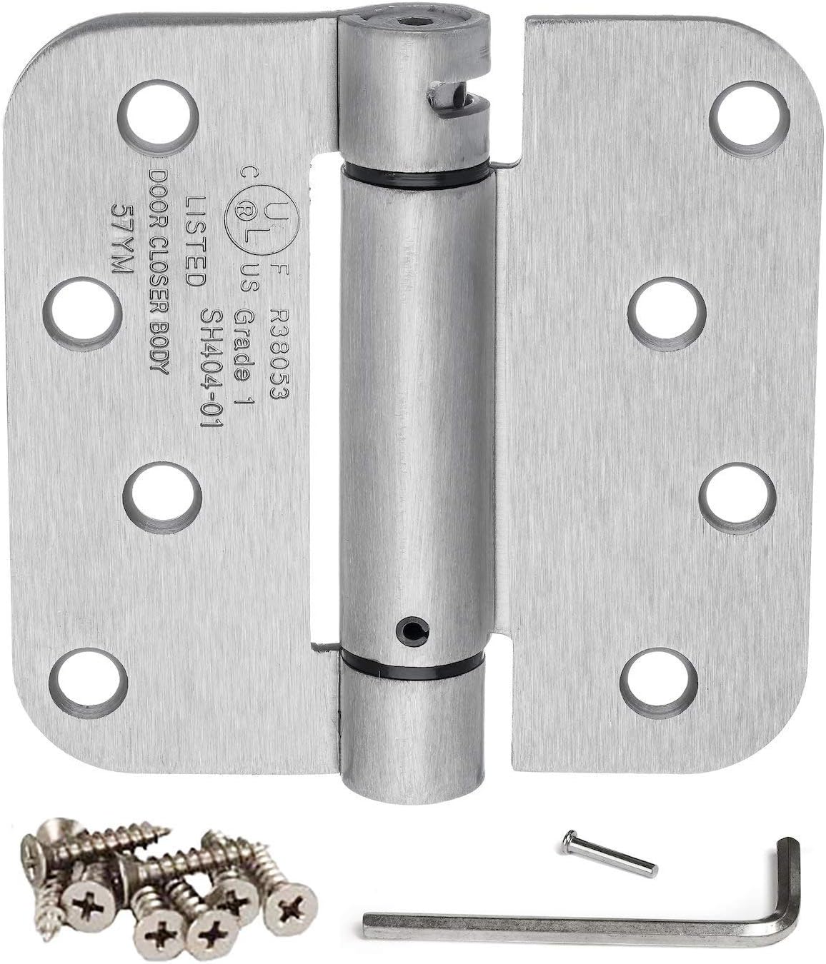 Dynasty Hardware Door Hinges, 4-Inch Spring Loaded Self Closing Hinges with 5/8" Radius Corners, Heavy Duty for Interior or Exterior Doors, Quiet Auto Close Action, 2-Pack, Satin Nickel Finish