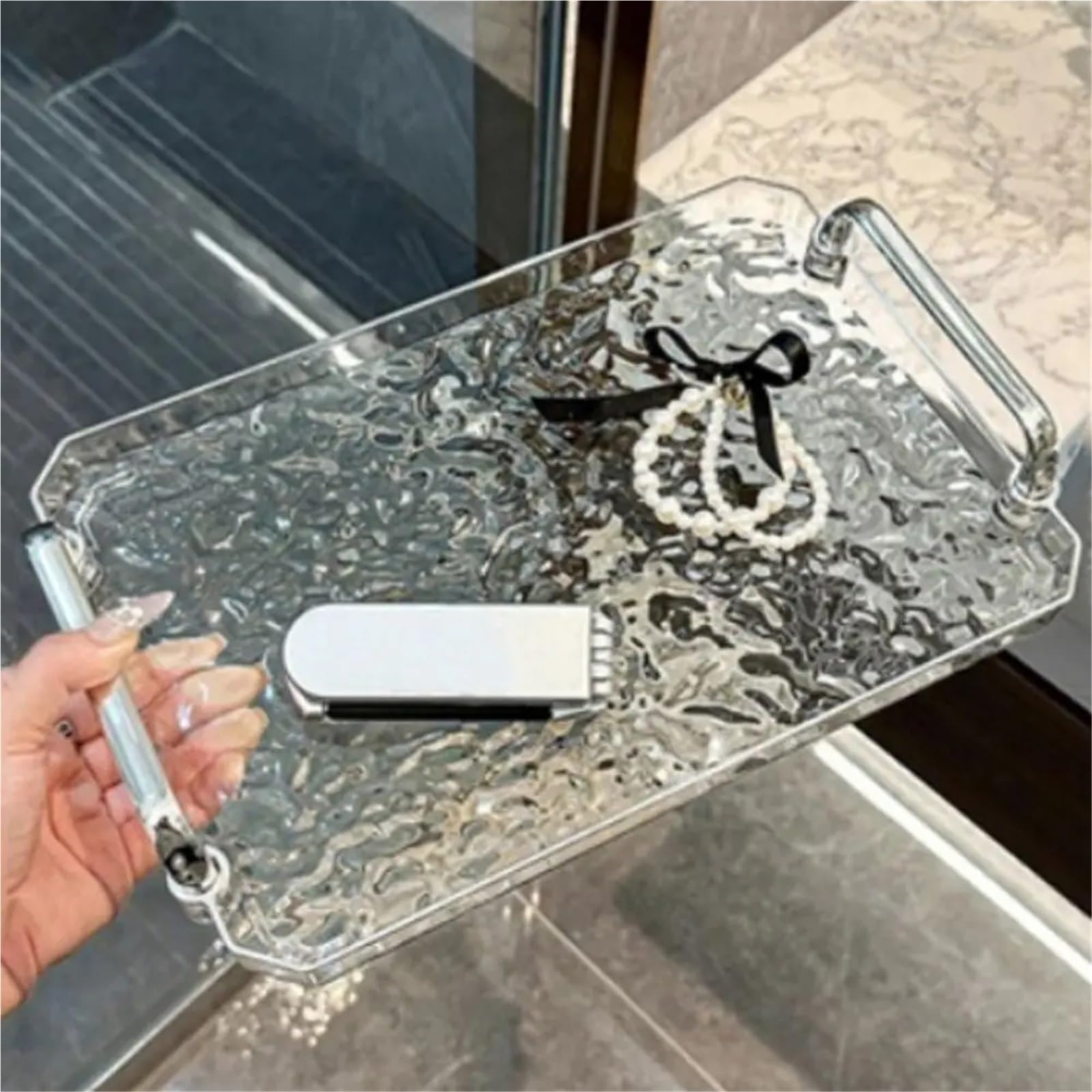 Bandeja Transparente para Servir, Bandeja para Taza de té con asa, Bandeja Decorativa para el té de la Tarde, para Sala de Estar (Gris L)