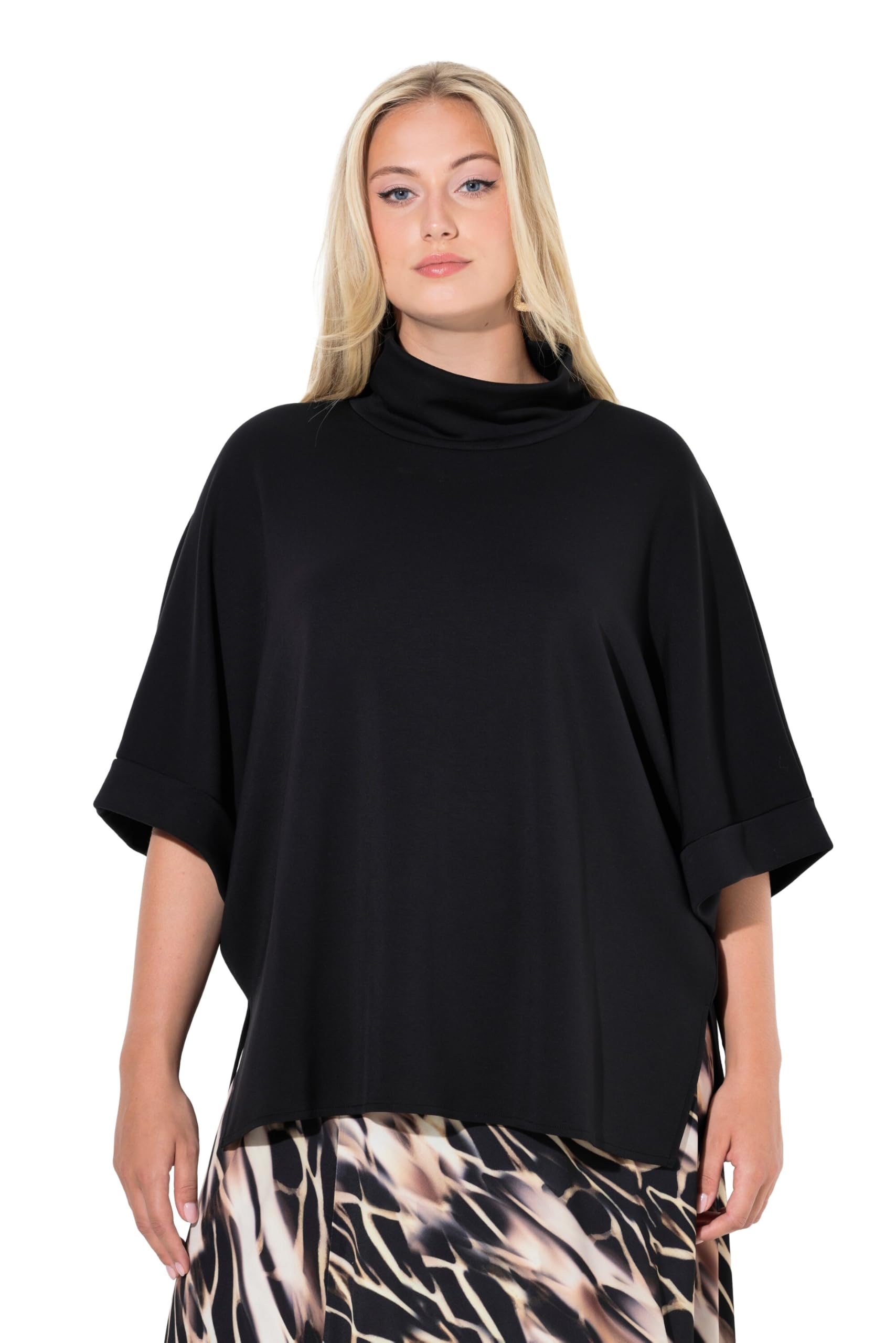 Ulla Popken Damen große Größen Übergrößen Plus Size Sweat-Poncho, Oversized, Stehkragen, Halbarm 836586