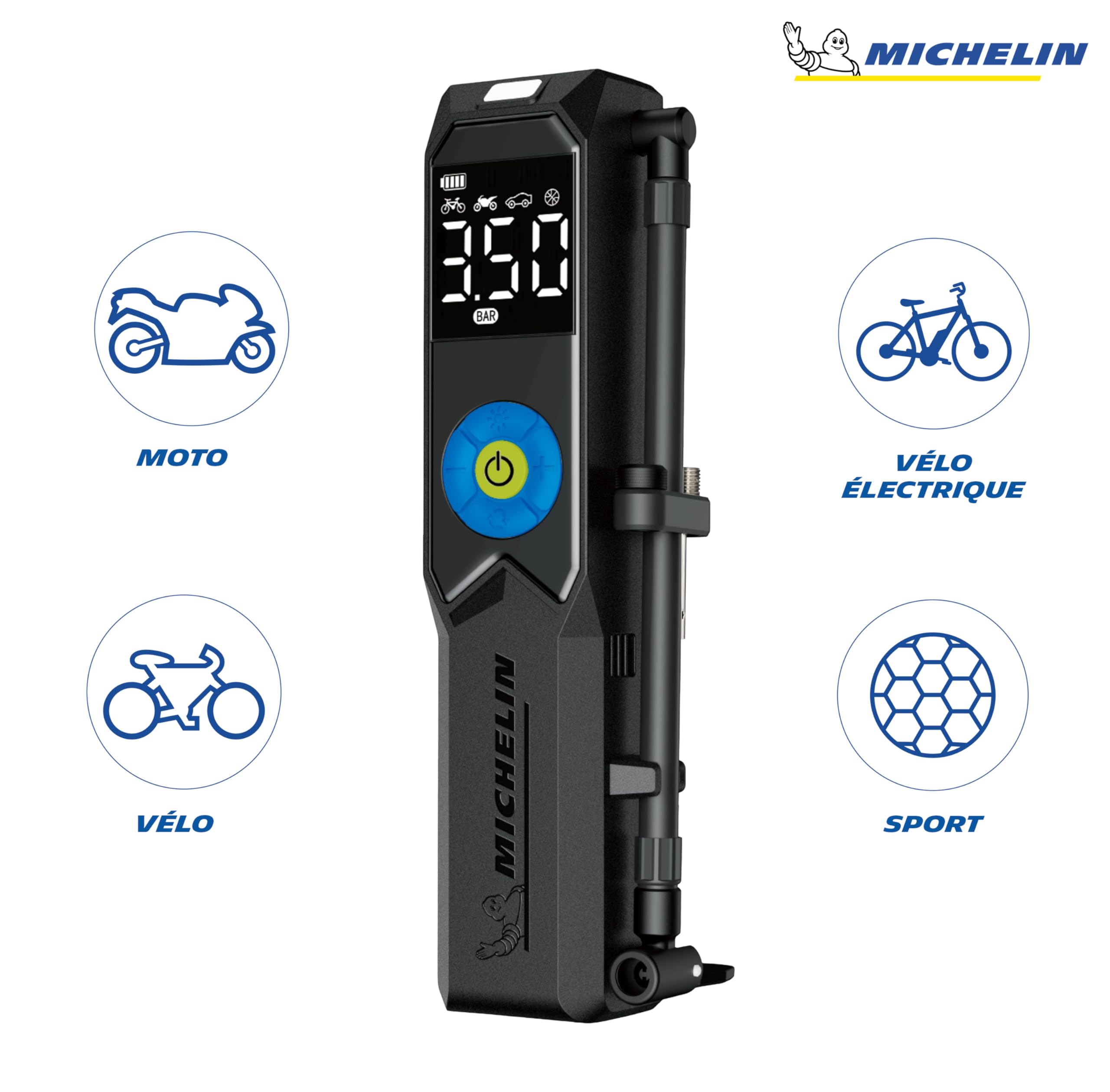 Michelin Digital - Pompa ad aria a batteria, 10 bar, colore nero, 20,5 x 5,4 x 4,7 cm