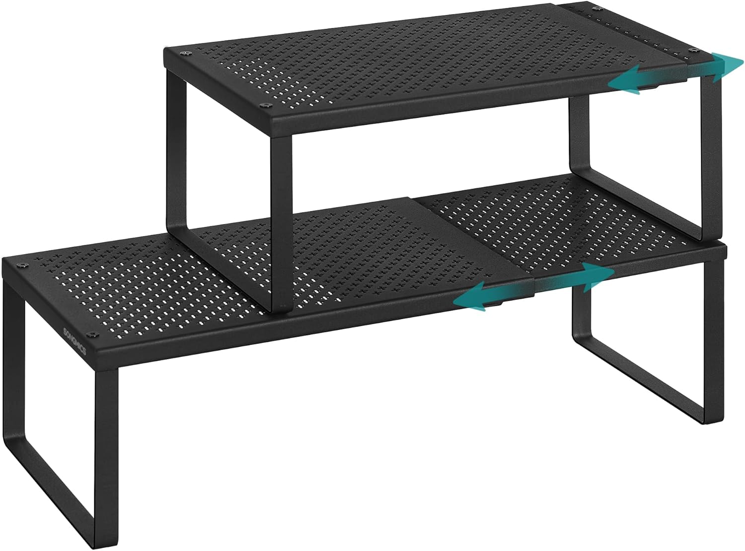 SONGMICS Spice Racks, Set of 2 Expandable Kitchen Countertop Shelves, Small Cupboard Organizers, Metal, Space-Saving Tabletop Shelves, Matte Black UKCS402B01