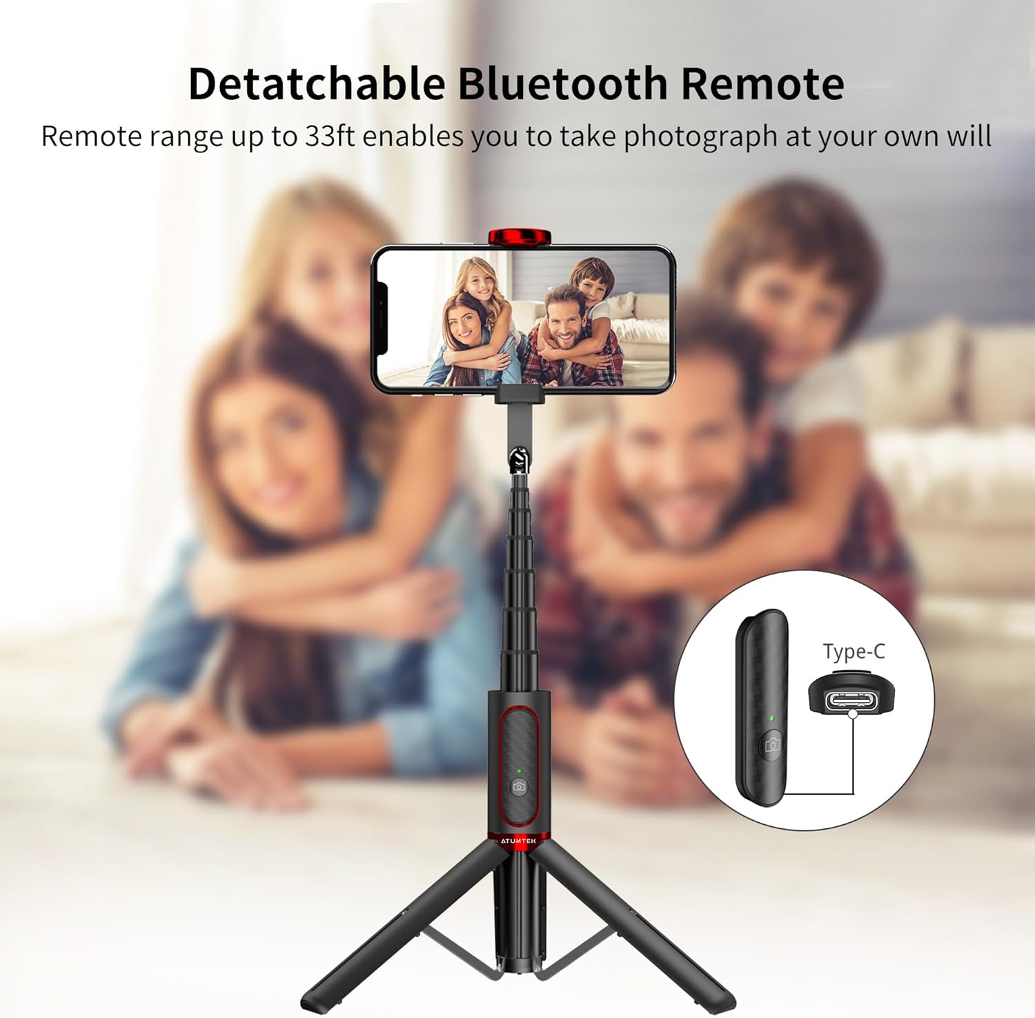 The detachable Bluetooth remote control for the ATUMTEK Selfie Stick Tripod, showing its Type-C charging port and the remote's function.