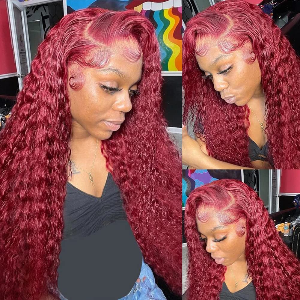 Deep Wave Lace Front Wigs Human Hair Wig for Black Women 99J Burgundy 13x4 HD Transparent Lace Frontal Wigs Human Hair Pre Plucked Wig 28 inch