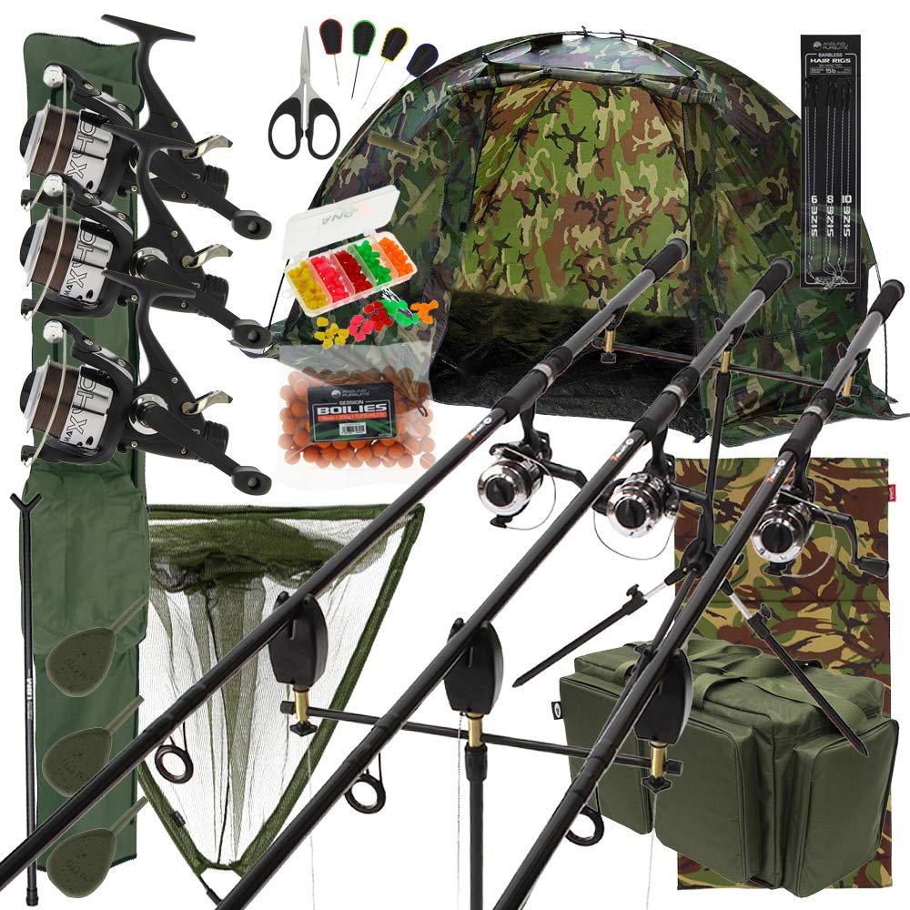 Complete Carp Fishing Setup With Camo Bivvy Rods Reels Alarms Tackle And Luggage (3 Rod Setup)