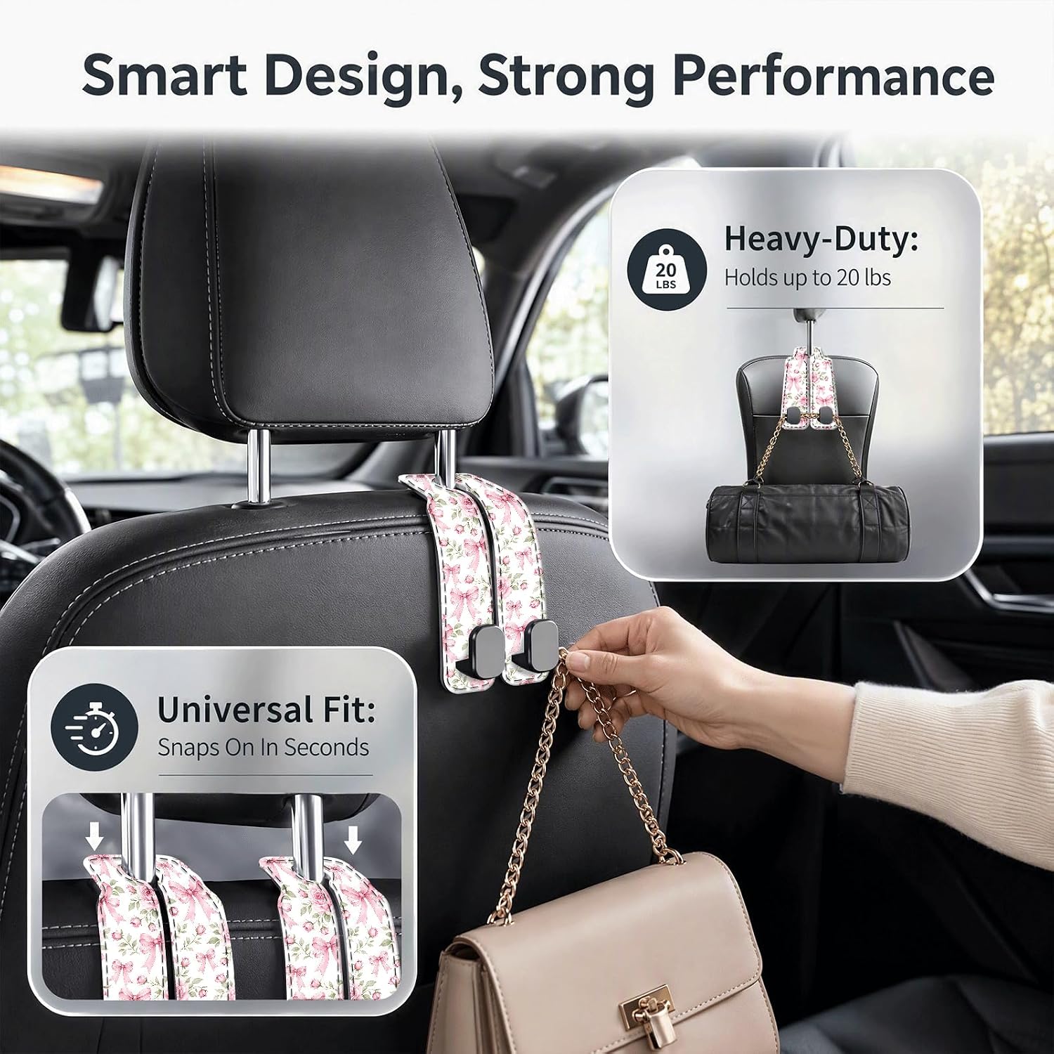 Car Purse Hook Purse Hook for Car Seats Headrest Car Seat Hook, Universal Cute Car Hanger Holder, Car Interior Accessories for Handbags Pink Bowtie Flowers image 5