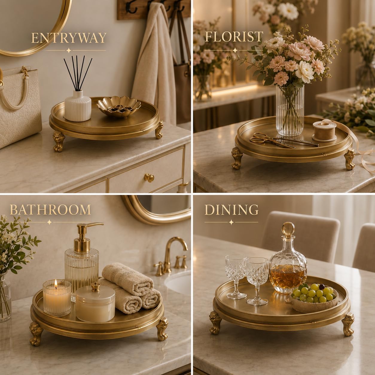Vintage Antique Brass Clawfoot Tray, Round Pedestal Candle and Jewelry Dish, Decorative Metal Vanity Tray for Rings, Perfume, Wax Melt, Coffee Table and Home Decor
