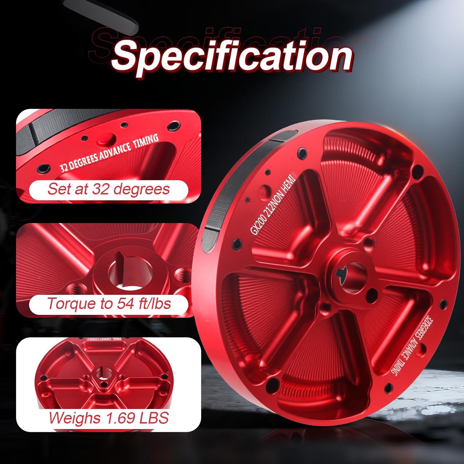 Ultra-Light Flywheel for Honda GX200/Clone 196cc, Ducar 196/212 and Tillotson 196/225/228/236, Wildcat 223, Predator Ghost 212, and Predator 224cc Non Hemi Engines 32 Degrees BTDC