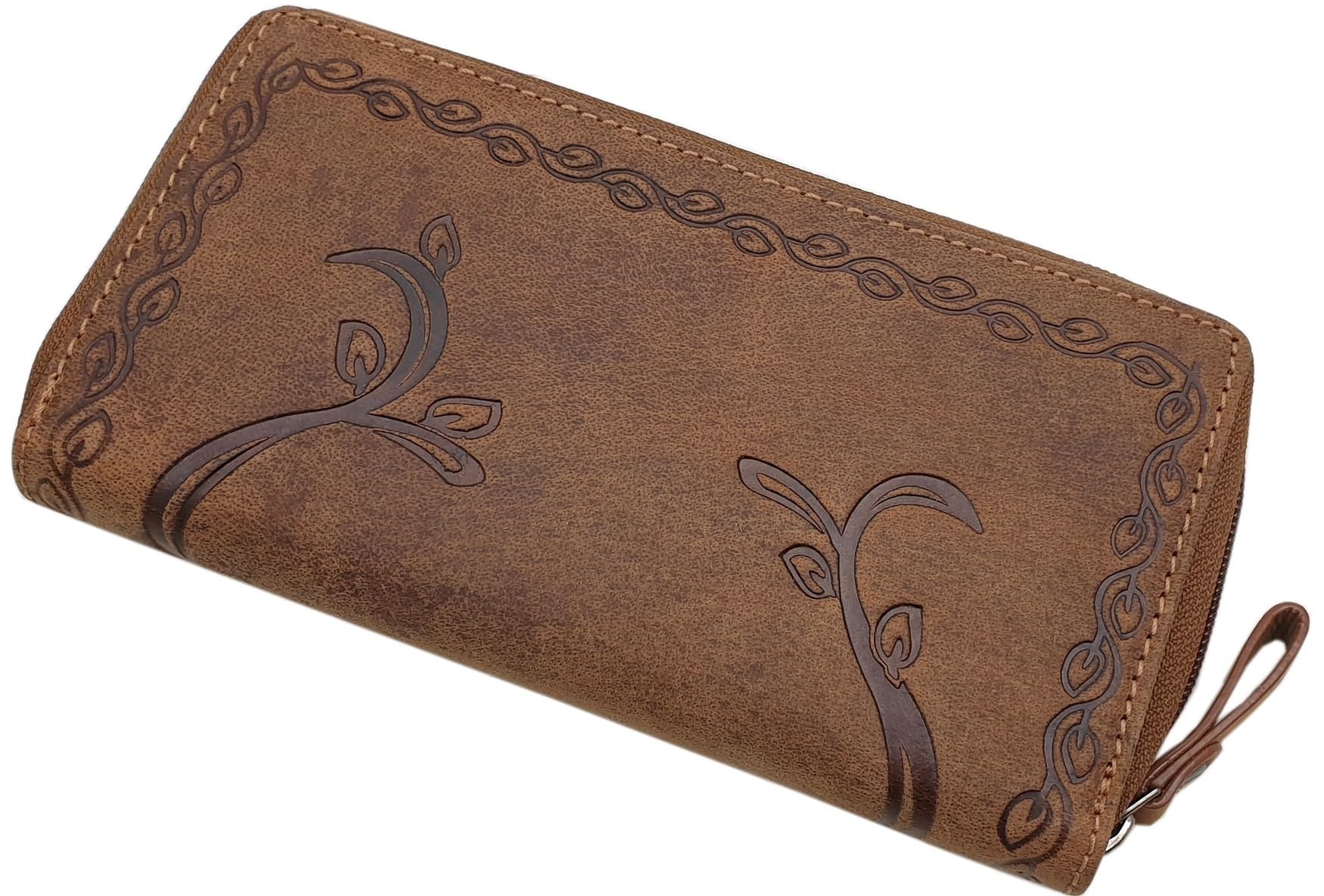 myledershop Grand Cuir de Buffle Femme Porte-Monnaie avec Colibri-Motif avec Blocage RFID et NFC en Cognac (Cognac)