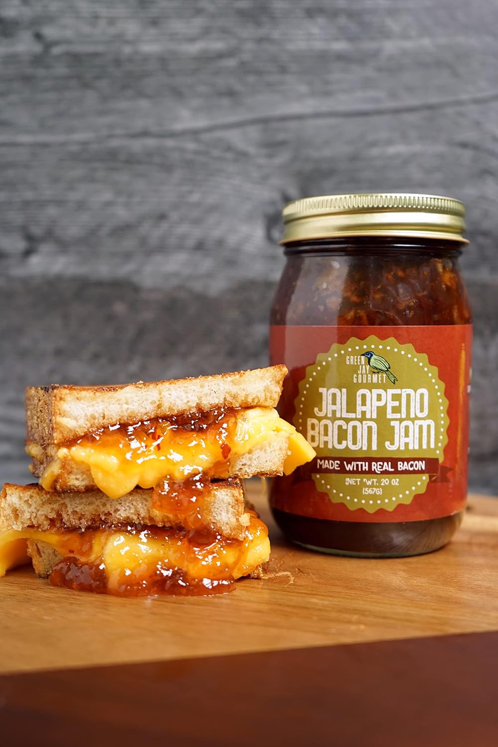 Green Jay Gourmet Jalapeno Bacon Jam - Classic Spread for Burgers, Sandwiches, Toast, Charcuterie - Sweet, Savory Flavoring for Meat, Poultry, Dressing - Zero Trans Fat, No MSG, Gluten-Free - 2x 20 oz