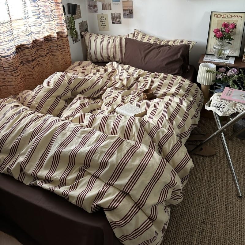 Image of Duvet Cover Set Full Size Beige Red Striped Bedding Set for Girls Boys,Vintage Back to School Duvet Cover Kids with Zipper Closure and 2 Pillowcases