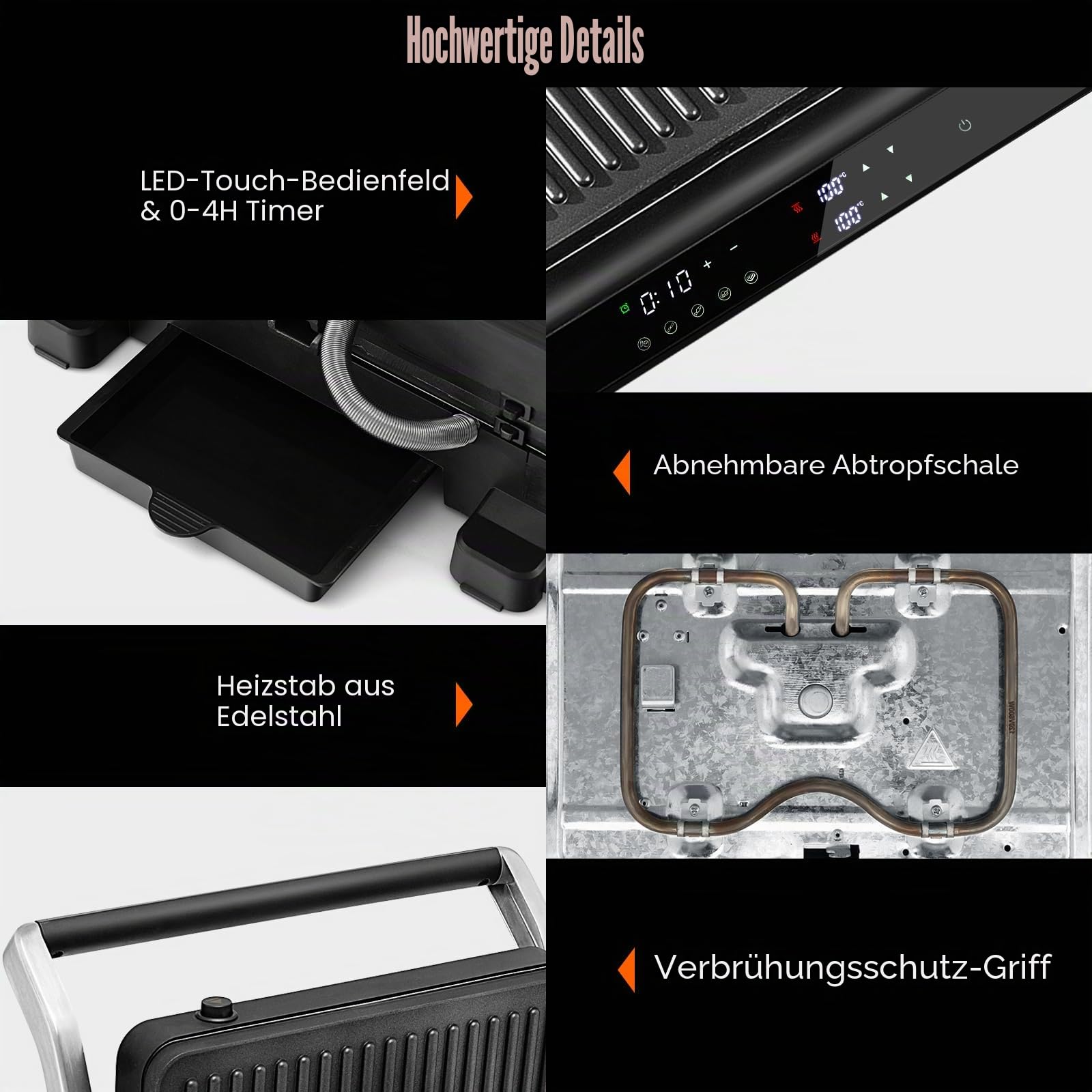 SOARS Sandwichmaker 3-in-1, 1800 – 2000 W, elektrische Panini-Maschine mit 5 Kochmodi, 200 – 230 °C, Öffnungswinkel 180 °, Grillplatte, abnehmbar und waschbar, Timer 0 – 4 Stunden, Schwarz