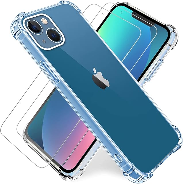 SWIDDIYA For iPhone 13 Case with Screen Protector,iPhone13 6.1 Clear Case/Phone Cover +Tempered Glass 2Pack,Soft TPU Shockproof Protective Phonecase,Rreinforced Corner-iPhone13 2021 6.1 inch 5G