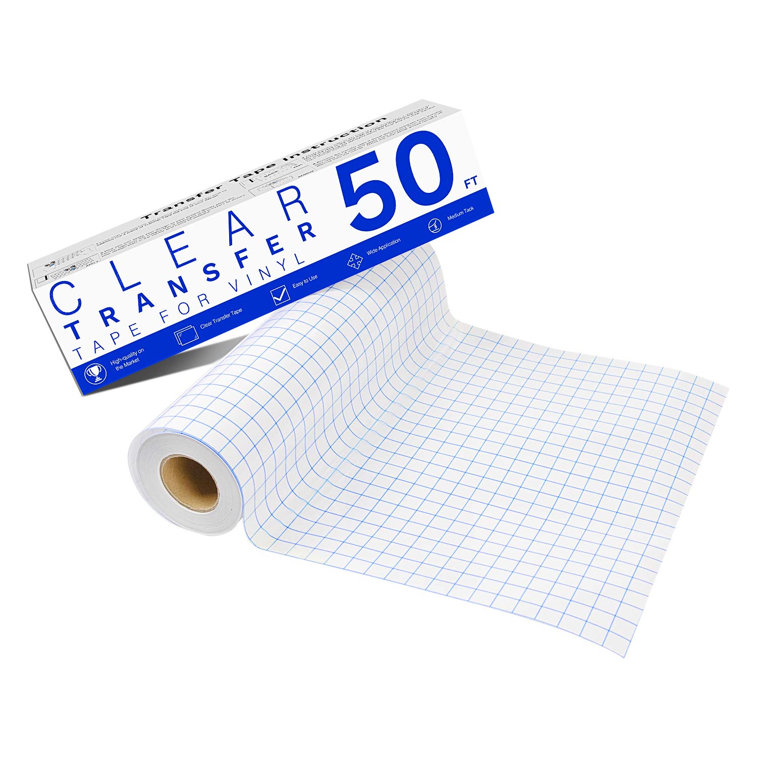 JANDJPACKAGINGTransfer Tape for Vinyl - 12” x 50 FT w/Blue Alignment Grid for Adhesive Vinyl - Medium Tack Vinyl Transfer Tape for Silhouette Cameo