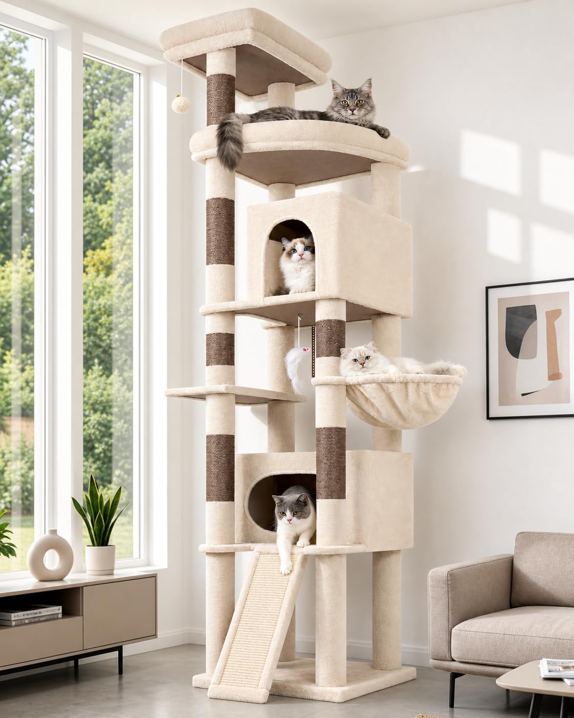 Globlazer Arbre à Chat Beige XXL 215 cm avec 2 Immense Niches, Extra-Large Plateformes, Pente Sisal Peluche, Paniers, Solide Arbre à Chat pour Gros Chats Grand Maine Coon Ragdoll Adulte (F84B, Beige)